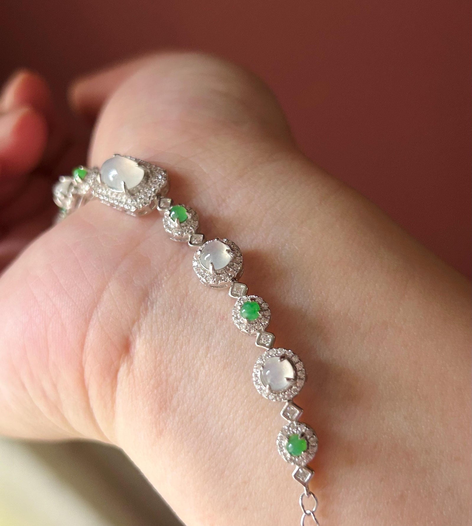 Certified Natural Jadeite Multi Cabochon Sterling Silver Bracelet - Burmese Type A Highly Translucent Icy White & Green Jade