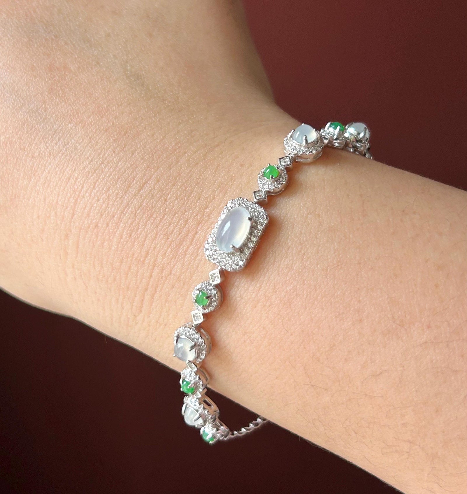 Certified Natural Jadeite Multi Cabochon Sterling Silver Bracelet - Burmese Type A Highly Translucent Icy White & Green Jade