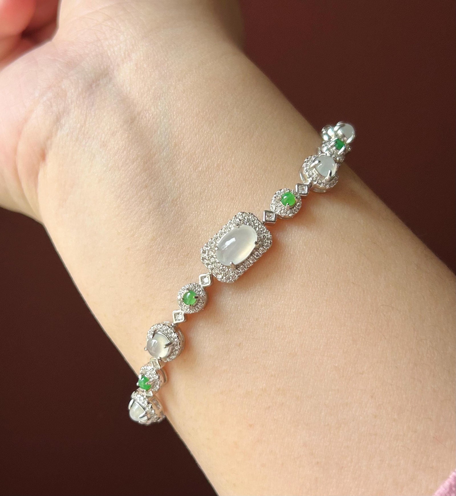 Certified Natural Jadeite Multi Cabochon Sterling Silver Bracelet - Burmese Type A Highly Translucent Icy White & Green Jade