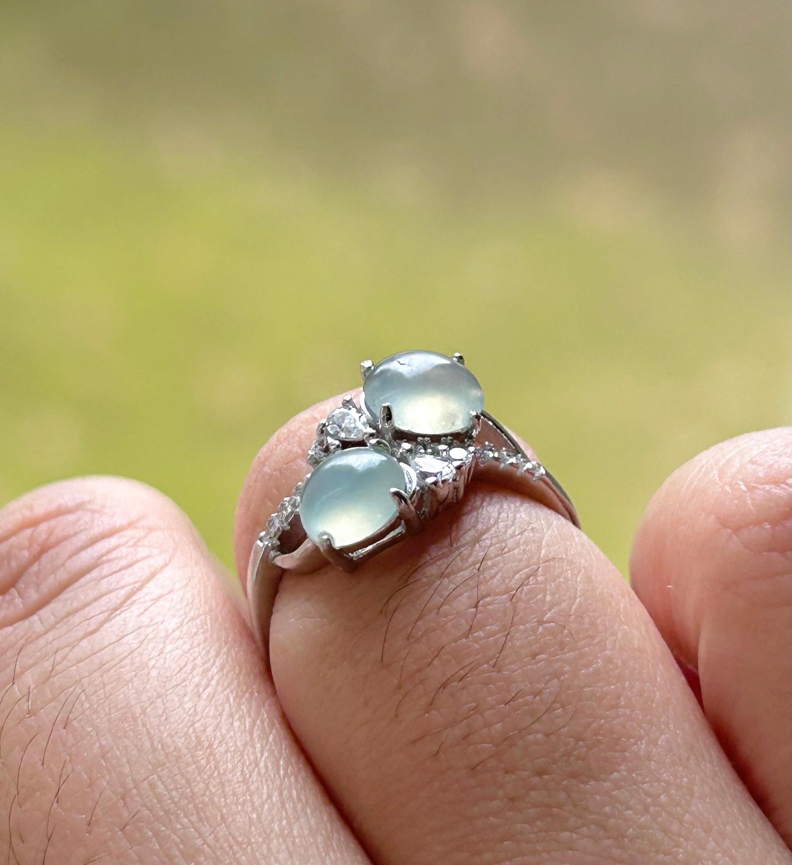 Natural Jadeite Double Cabochon Ring | Burmese Type A Highly Translucent Icy White Jade Sterling Silver | Minimalist Jewelry