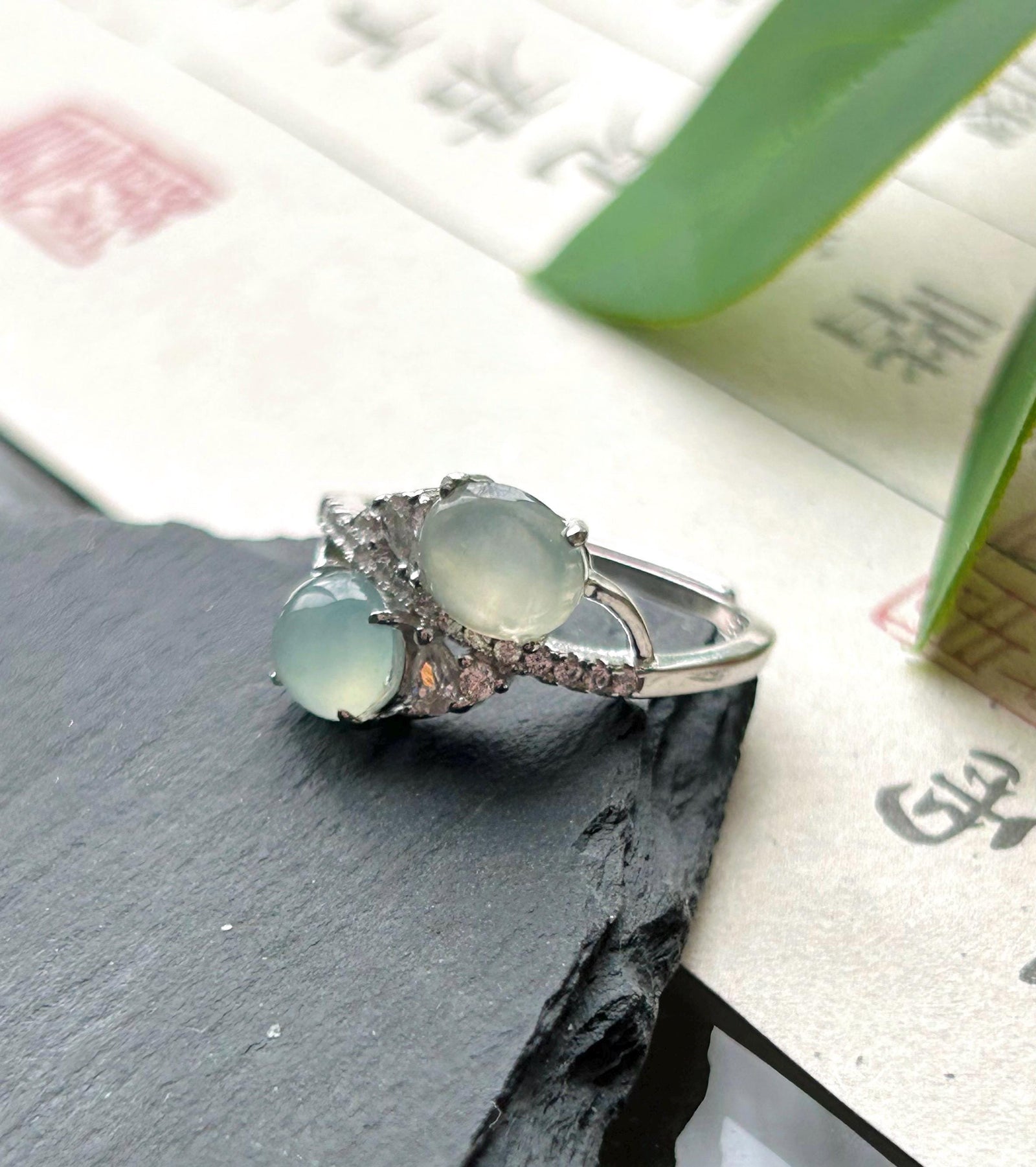 Natural Jadeite Double Cabochon Ring | Burmese Type A Highly Translucent Icy White Jade Sterling Silver | Minimalist Jewelry