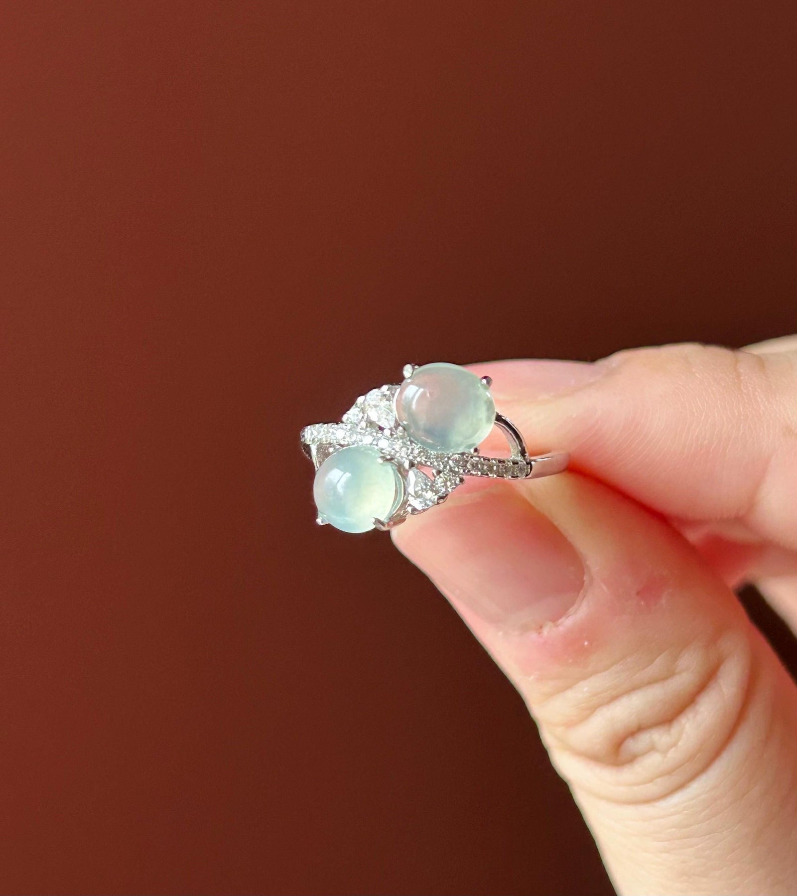Natural Jadeite Double Cabochon Ring | Burmese Type A Highly Translucent Icy White Jade Sterling Silver | Minimalist Jewelry