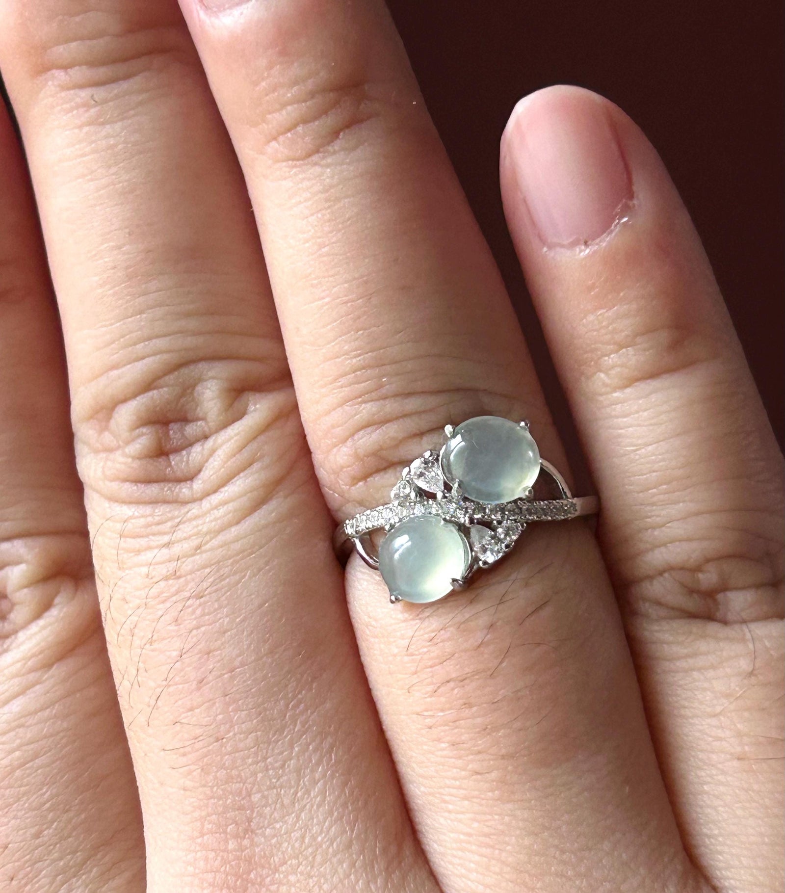 Natural Jadeite Double Cabochon Ring | Burmese Type A Highly Translucent Icy White Jade Sterling Silver | Minimalist Jewelry