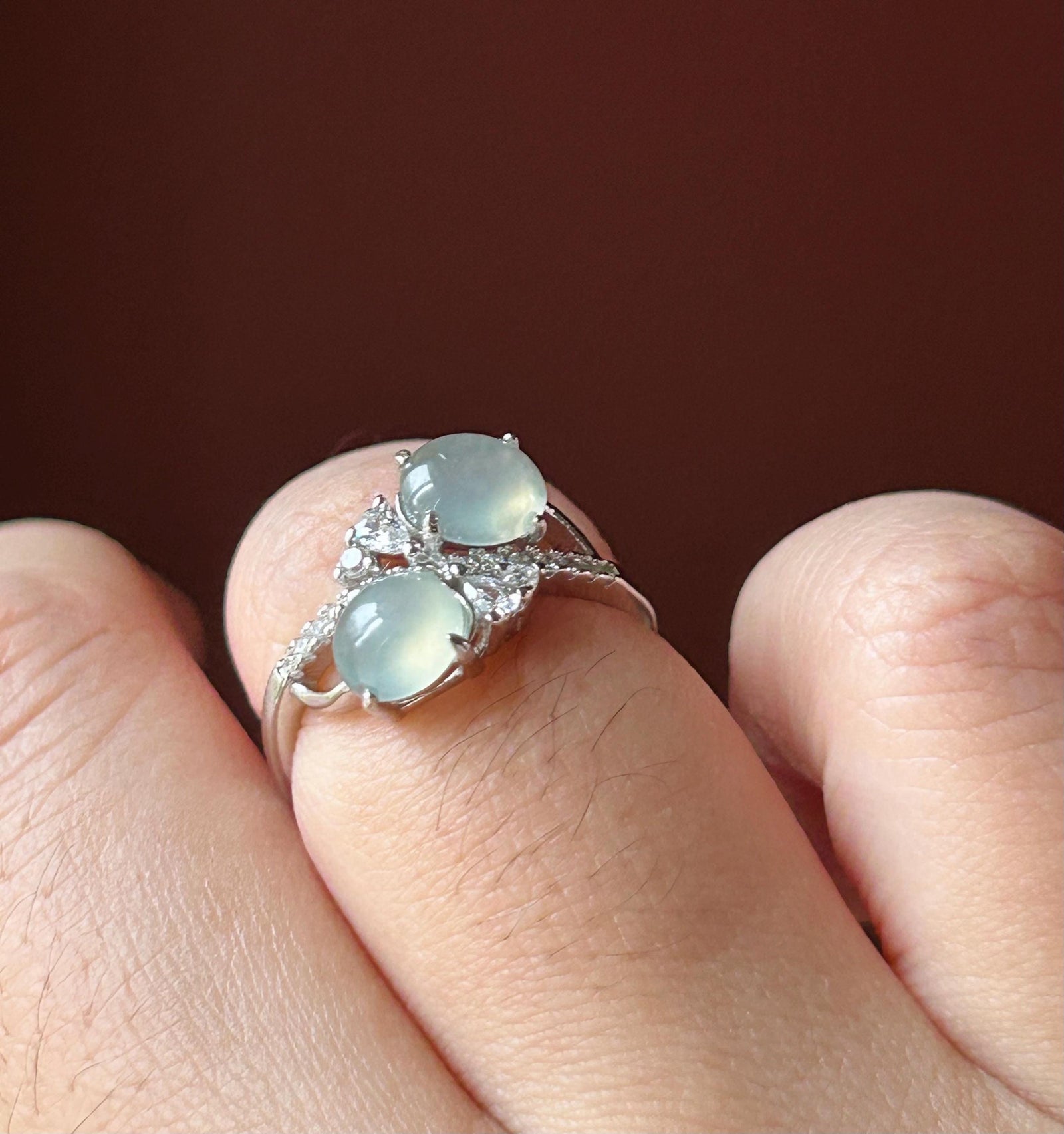 Natural Jadeite Double Cabochon Ring | Burmese Type A Highly Translucent Icy White Jade Sterling Silver | Minimalist Jewelry