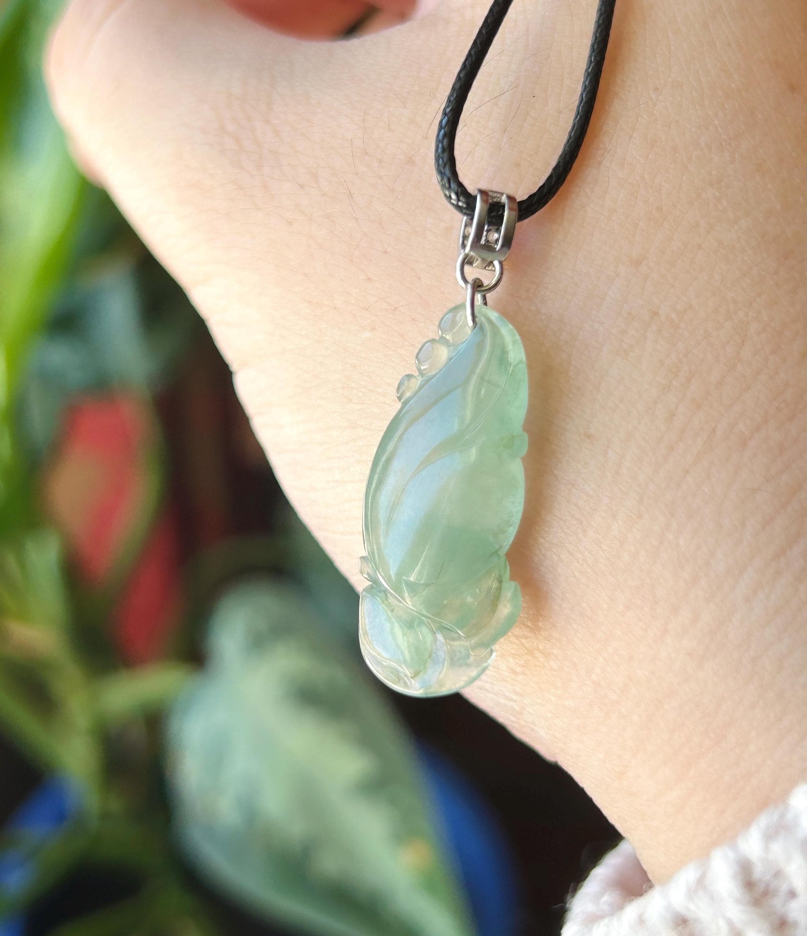 Certified Natural Jadeite Lotus Flower Pendant Burmese Type A Highly Translucent Icy Clear Water Green Jade Sterling Silver Bail