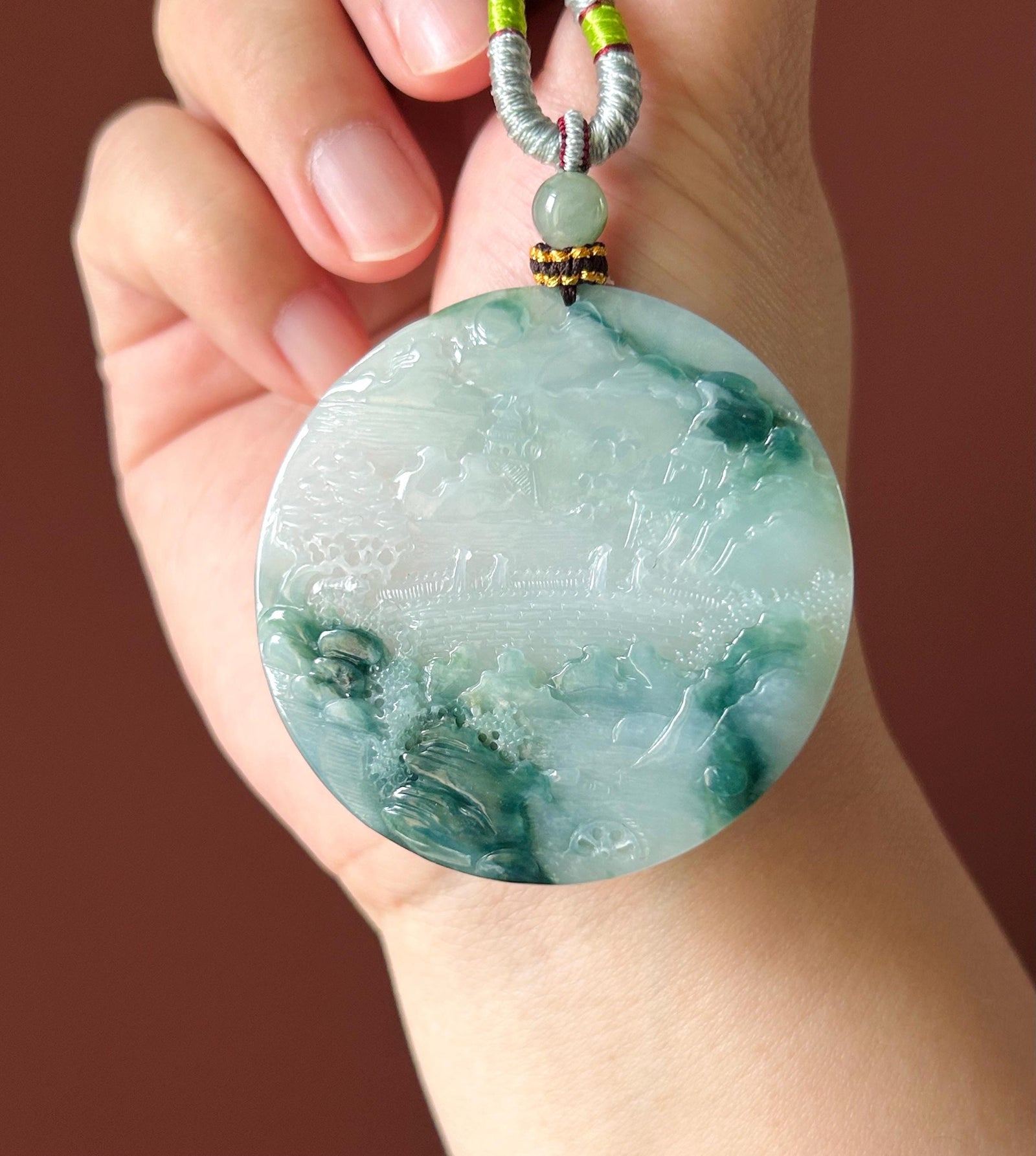 Certified Natural Jadeite Double-Sided Landscape Pendant, Burmese Type A Icy Translucent Blue Floral Jade Necklace