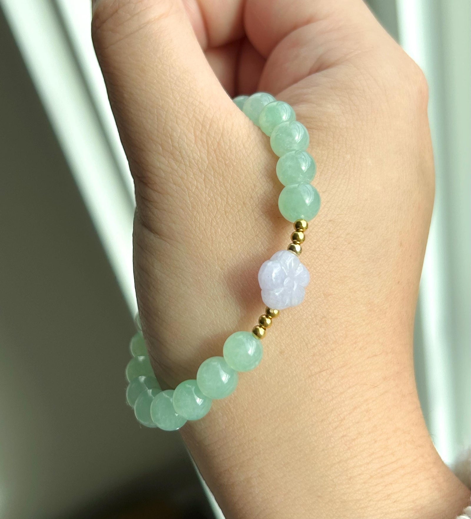 Natural Jadeite Beaded Bracelet | Burmese Type A Highly Translucent Icy Apple Green & Lavender Jade 7mm Designer Minimalist Jewelry