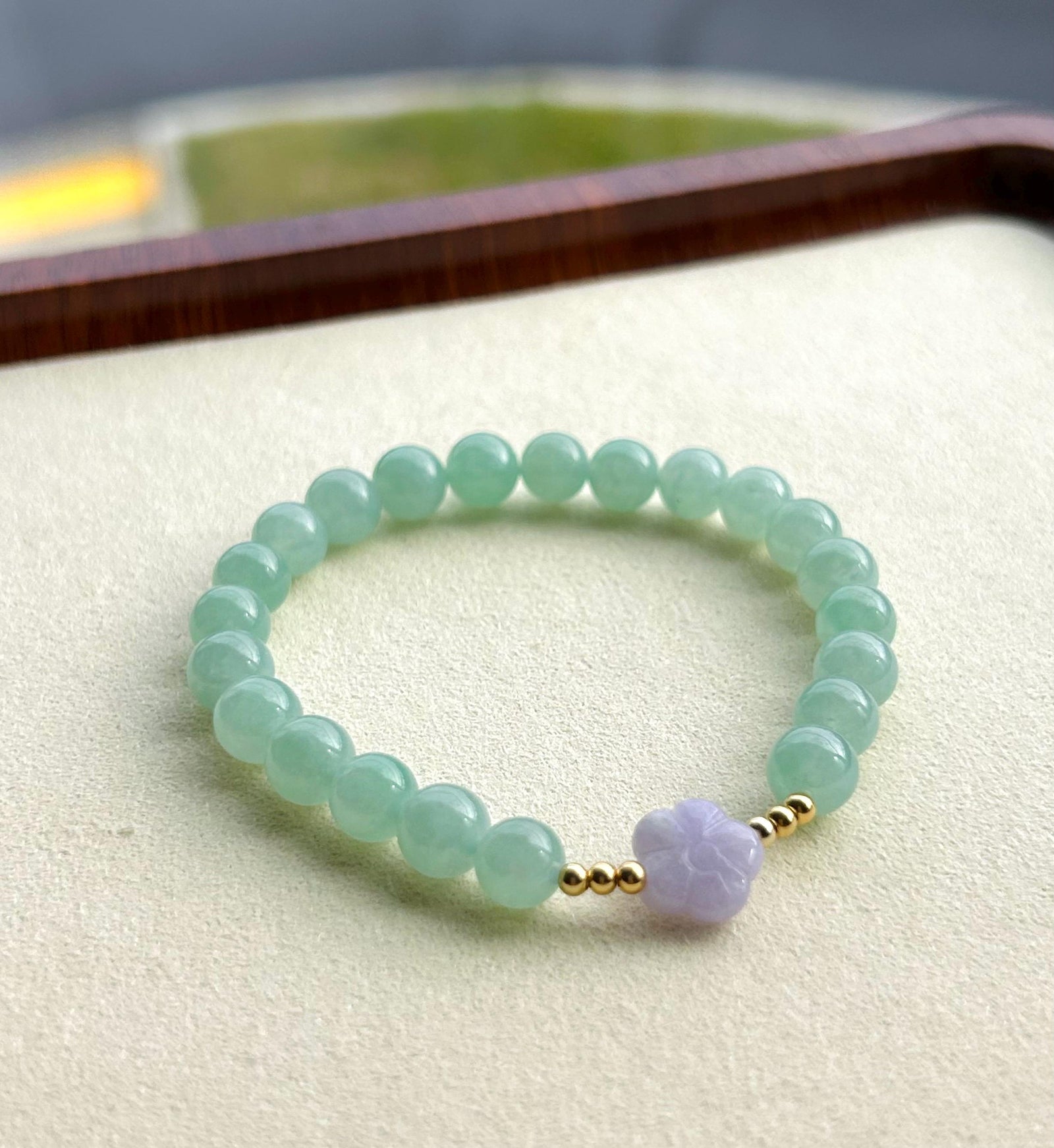 Natural Jadeite Beaded Bracelet | Burmese Type A Highly Translucent Icy Apple Green & Lavender Jade 7mm Designer Minimalist Jewelry