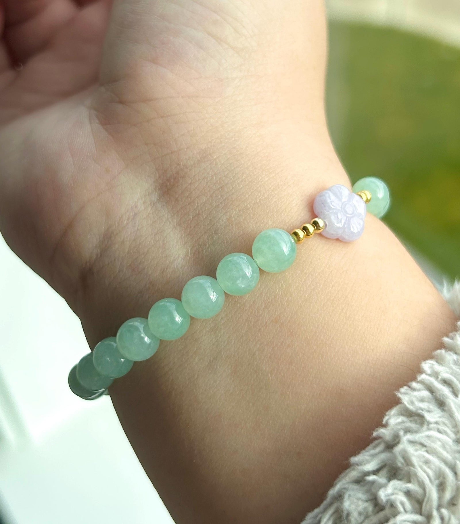 Natural Jadeite Beaded Bracelet | Burmese Type A Highly Translucent Icy Apple Green & Lavender Jade 7mm Designer Minimalist Jewelry