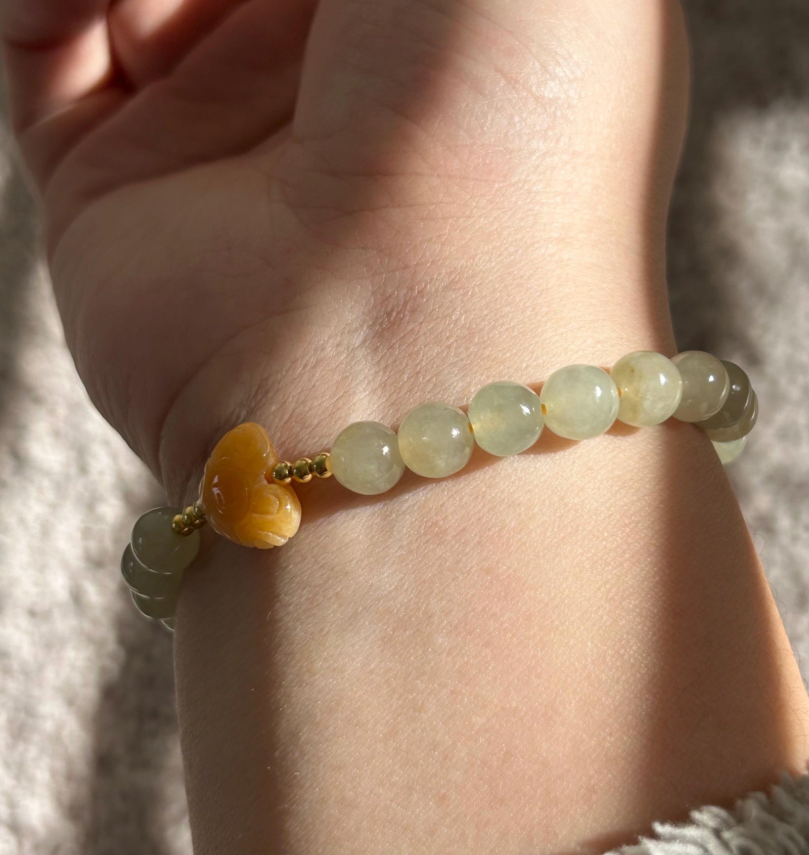 Natural Jadeite Beaded Bracelet | Burmese Type A Highly Translucent Icy Honey Pear Yellow Jade 7mm Designer Minimalist Jewelry