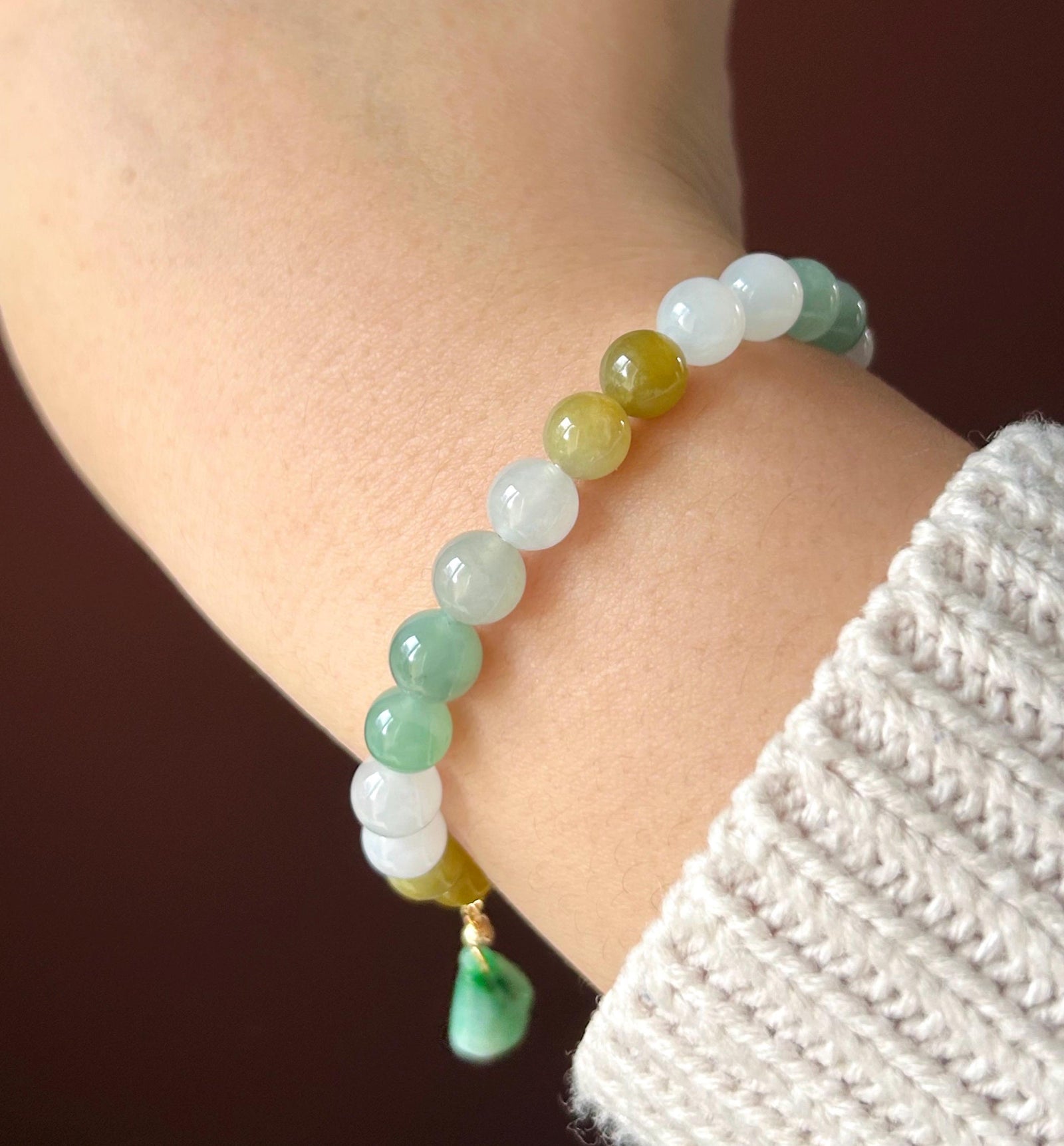 Natural Jadeite Beaded Bracelet Jewelry Burmese Type A Gelatinous Icy Translucent White, Green, Honey Yellow Jade 7.5mm