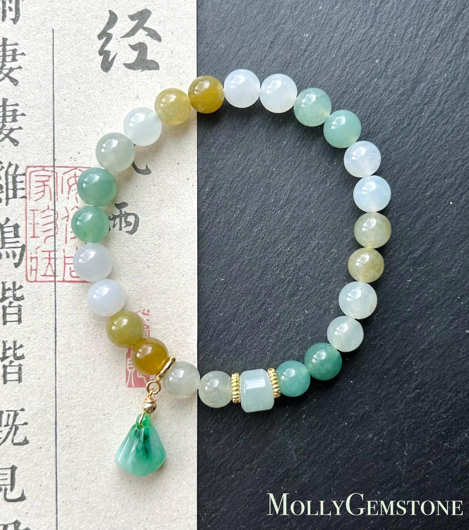 Natural Jadeite Beaded Bracelet Jewelry Burmese Type A Gelatinous Icy Translucent White, Green, Honey Yellow Jade 7.5mm