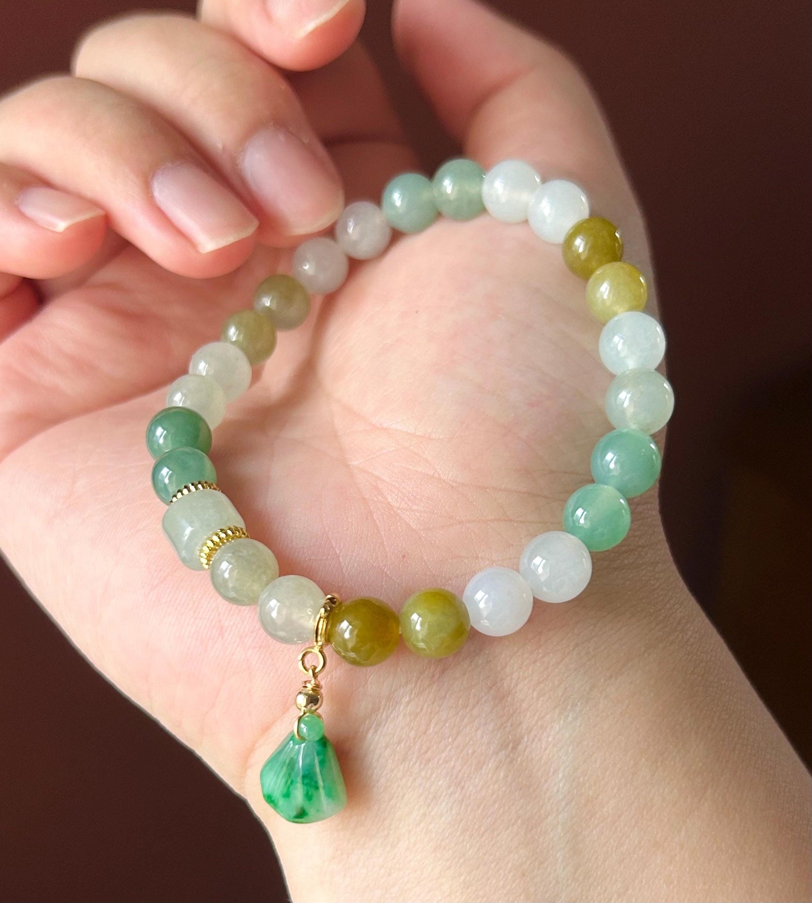 Natural Jadeite Beaded Bracelet Jewelry Burmese Type A Gelatinous Icy Translucent White, Green, Honey Yellow Jade 7.5mm