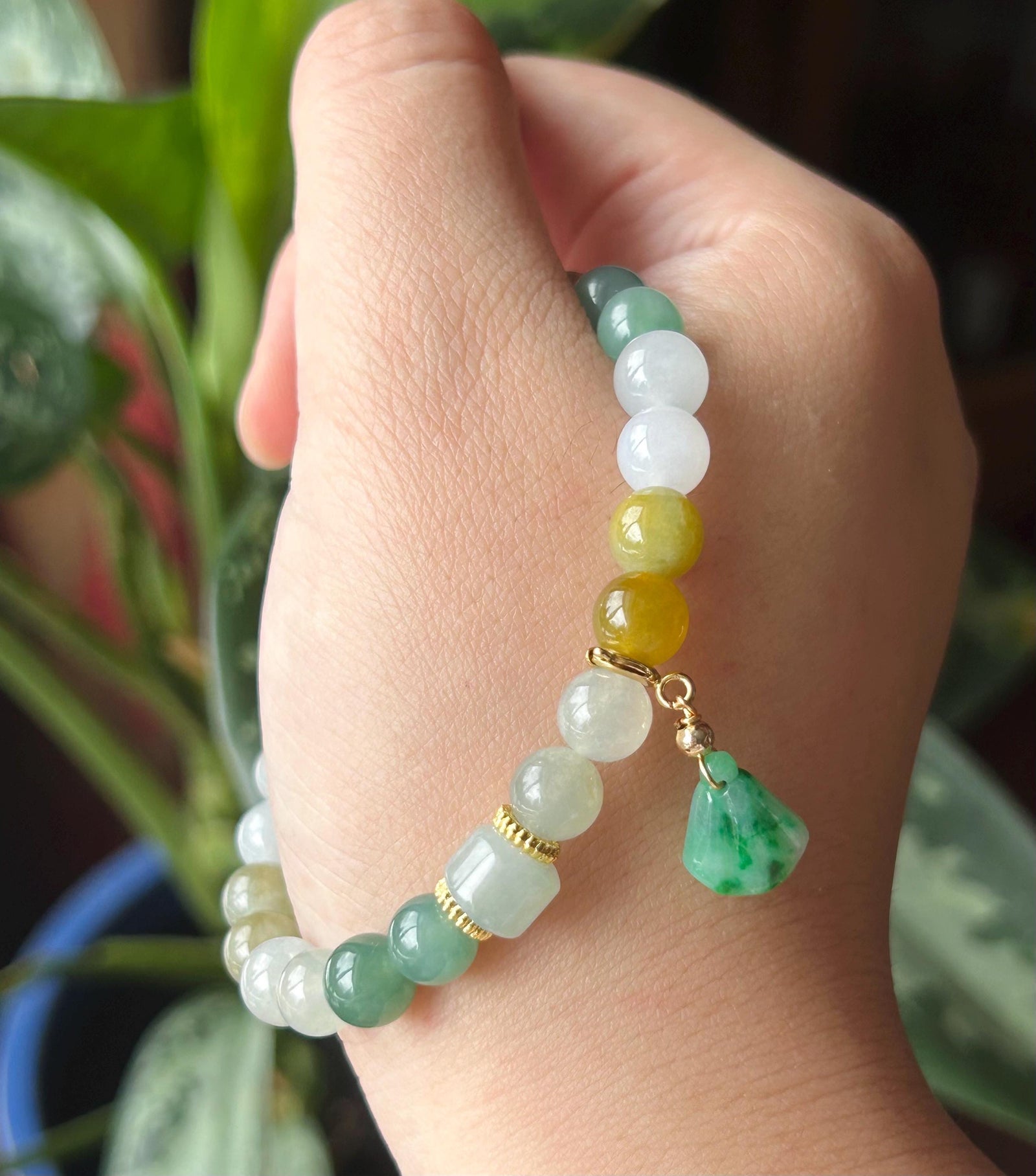 Natural Jadeite Beaded Bracelet Jewelry Burmese Type A Gelatinous Icy Translucent White, Green, Honey Yellow Jade 7.5mm