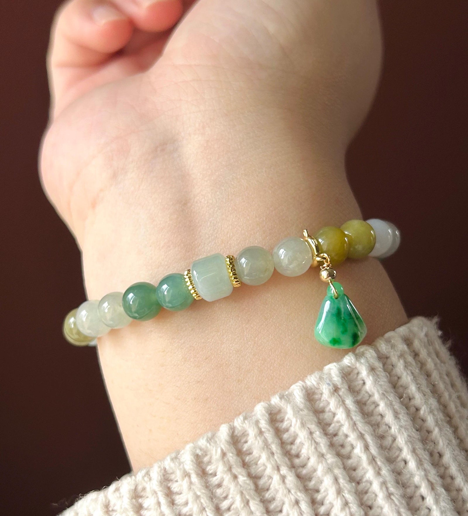 Natural Jadeite Beaded Bracelet Jewelry Burmese Type A Gelatinous Icy Translucent White, Green, Honey Yellow Jade 7.5mm