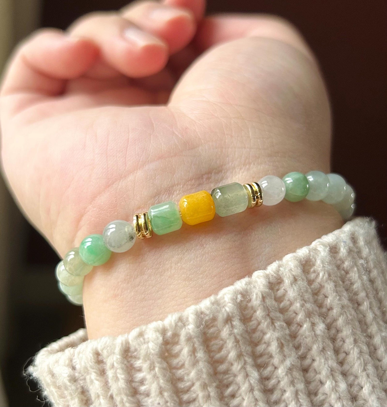 Natural Jadeite Beaded Bracelet |Burmese Type A Jade | 6mm White & Soft Green Ombre | Triple Barrel Centerpiece