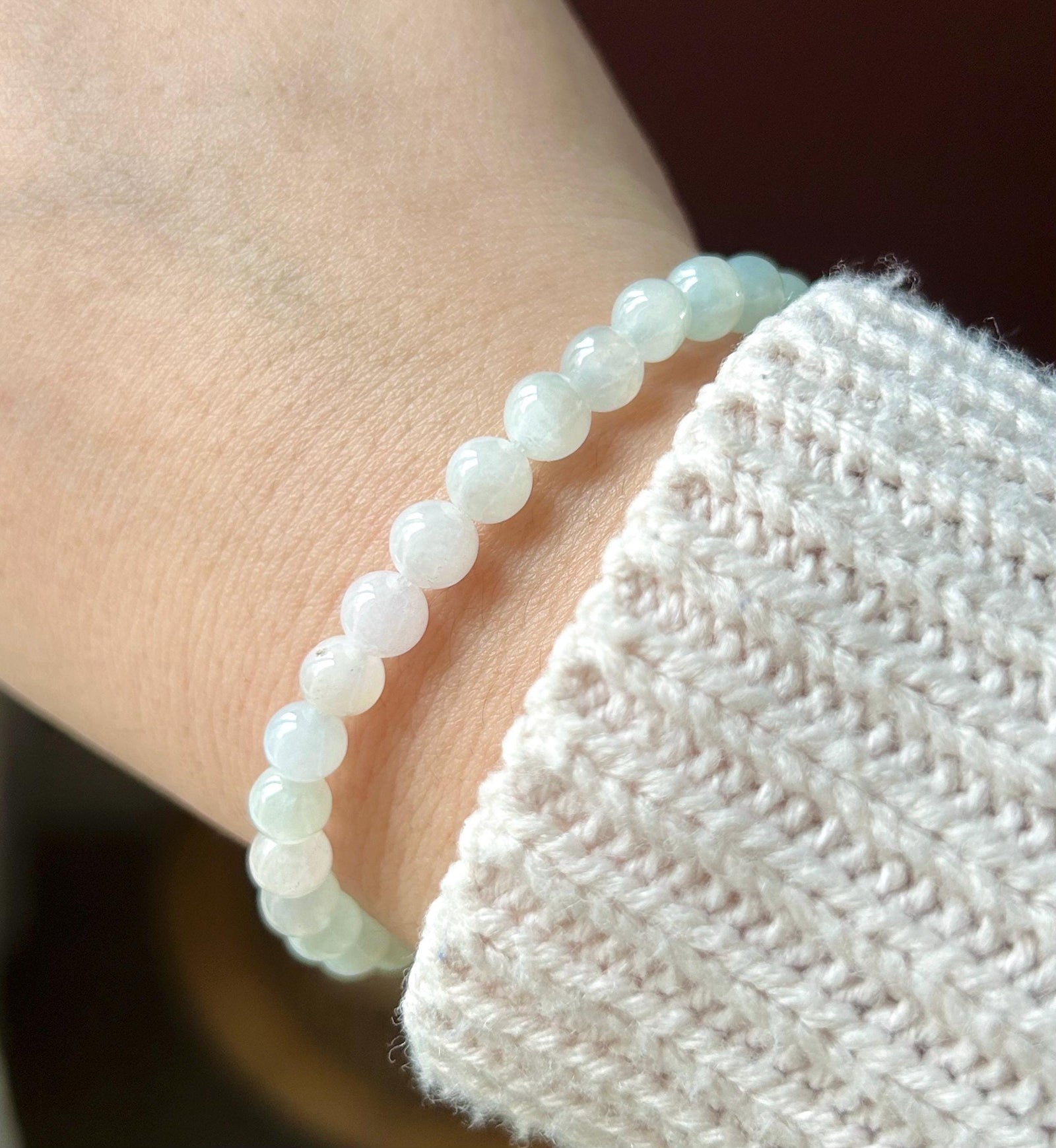 Natural Jadeite Beaded Bracelet |Burmese Type A Jade | 6mm White & Soft Green Ombre | Triple Barrel Centerpiece