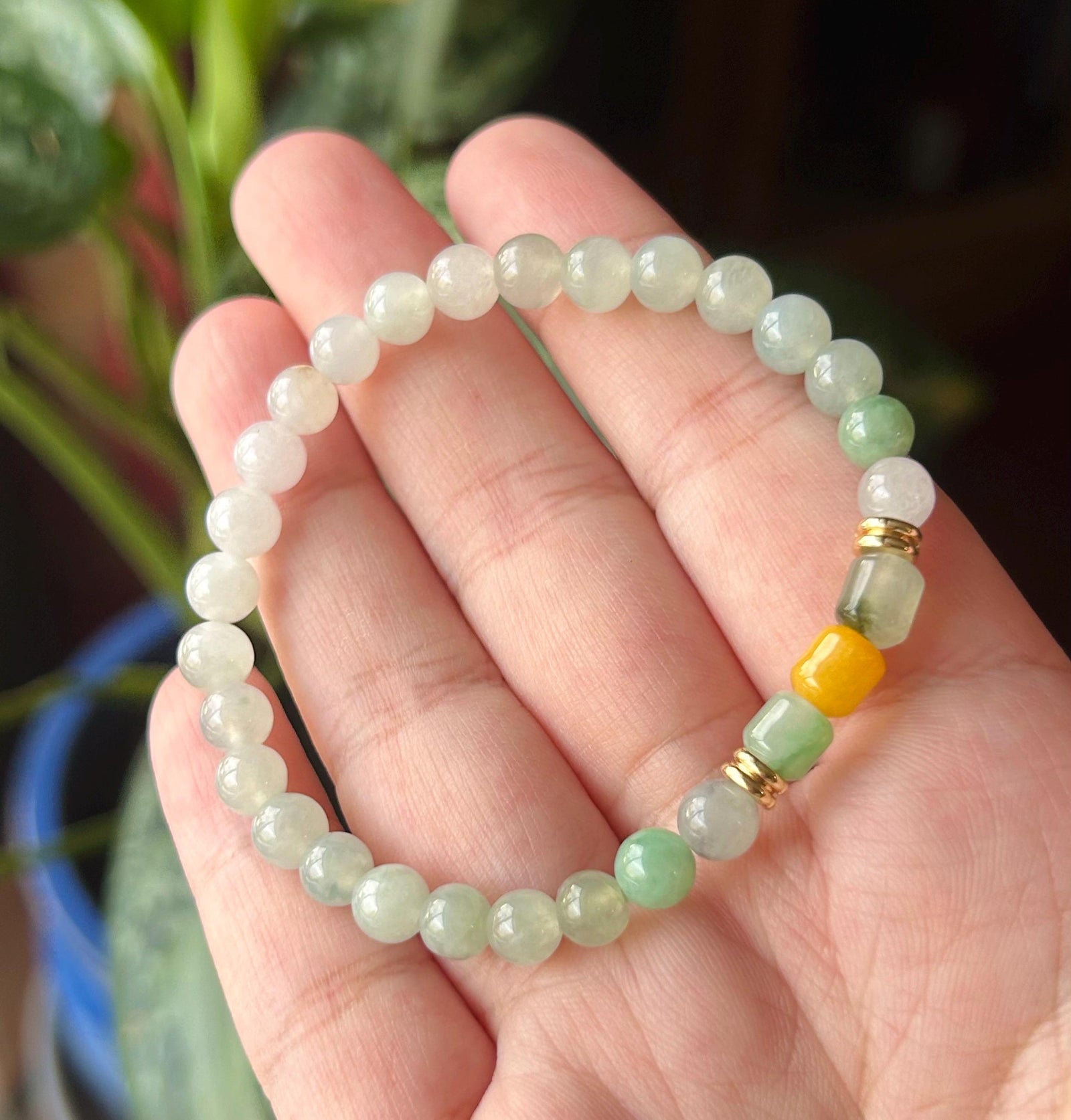 Natural Jadeite Beaded Bracelet |Burmese Type A Jade | 6mm White & Soft Green Ombre | Triple Barrel Centerpiece