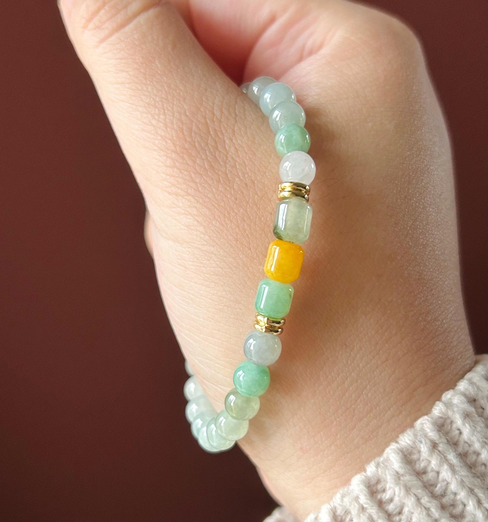 Natural Jadeite Beaded Bracelet |Burmese Type A Jade | 6mm White & Soft Green Ombre | Triple Barrel Centerpiece