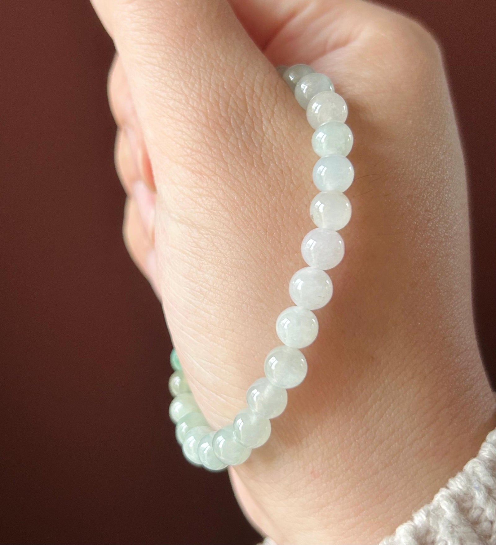 Natural Jadeite Beaded Bracelet |Burmese Type A Jade | 6mm White & Soft Green Ombre | Triple Barrel Centerpiece