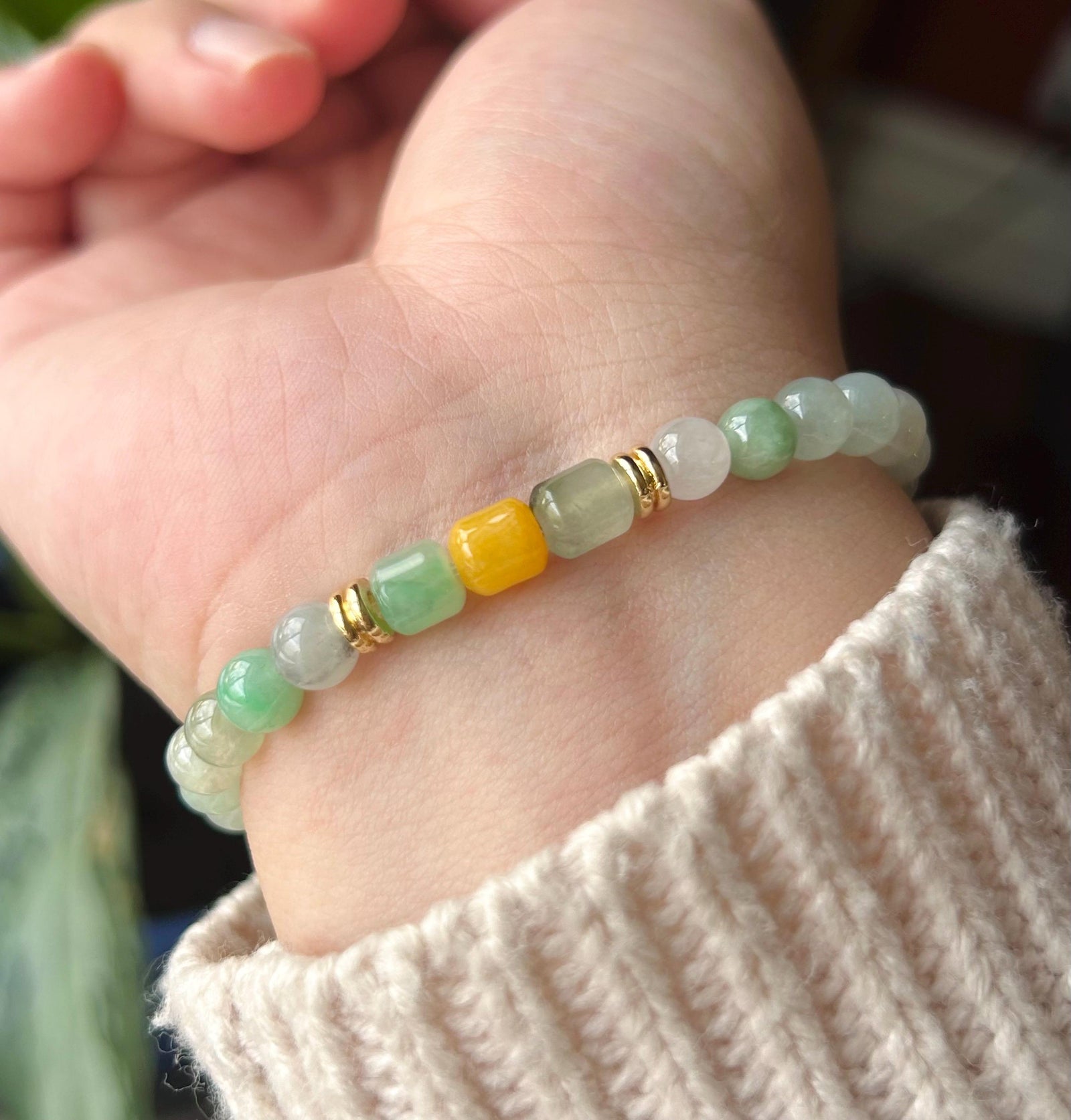Natural Jadeite Beaded Bracelet |Burmese Type A Jade | 6mm White & Soft Green Ombre | Triple Barrel Centerpiece