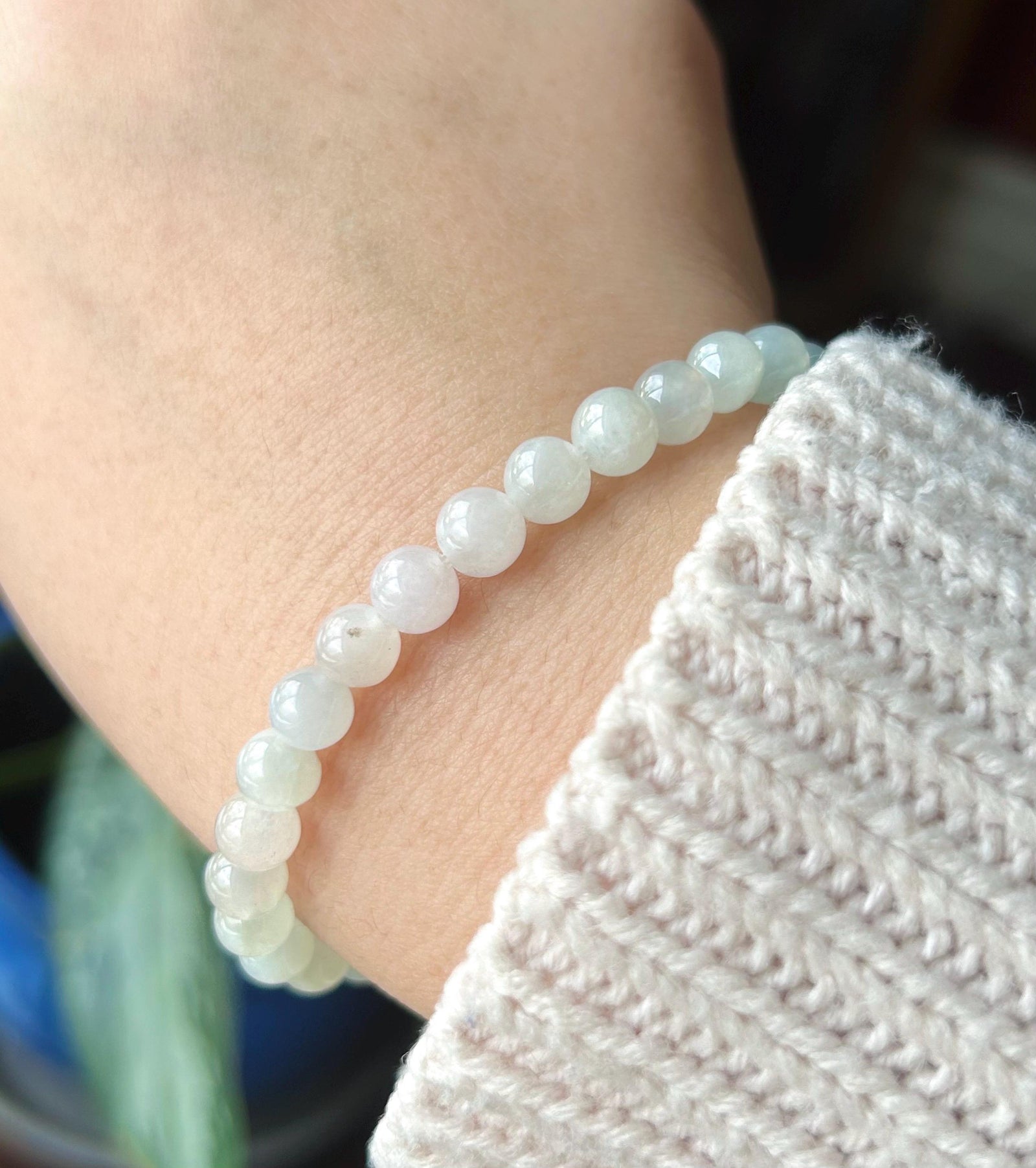 Natural Jadeite Beaded Bracelet |Burmese Type A Jade | 6mm White & Soft Green Ombre | Triple Barrel Centerpiece