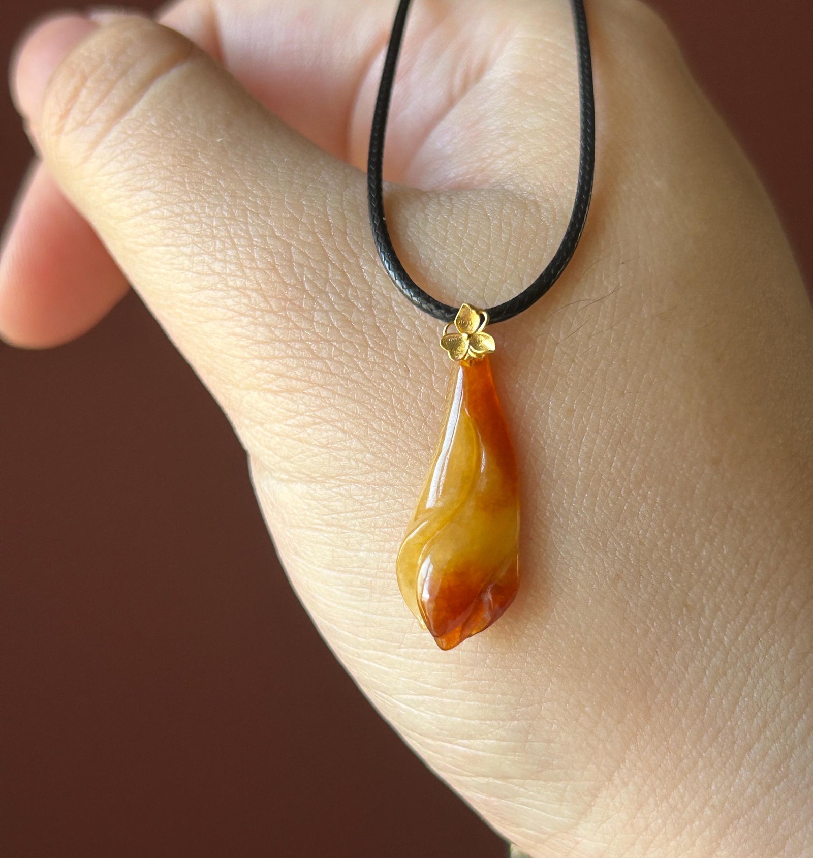 Natural Jadeite Magnolia Pendant | Burmese Type A Highly Translucent Icy Unheated Red Jade, 18k Solid Gold Bail