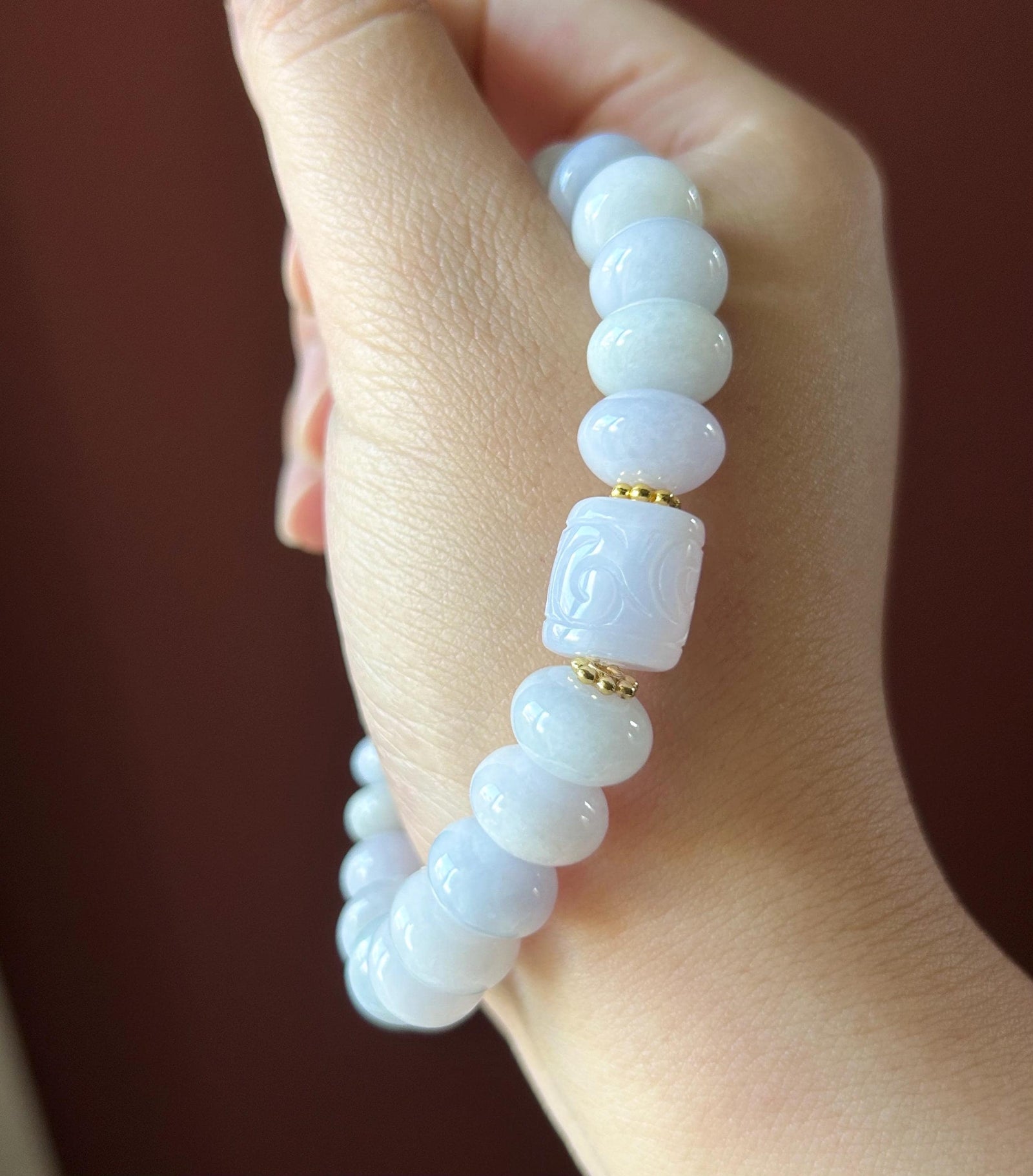 Natural Jadeite Beaded Bracelet | Burmese Type A Icy Glutinous Pale Pinkish Lavender Jade 10-13mm, Carved Cloud Barrel Bead