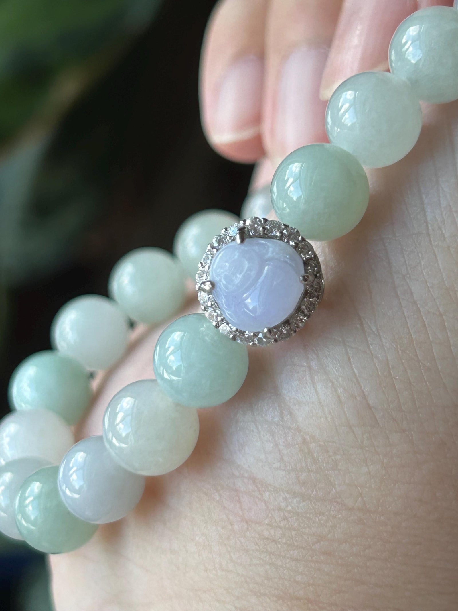 Natural Jadeite Beaded Bracelet – Burmese Type A Icy Translucent Pastel Lavender Purple & Light Green Jade, Laughing Buddha Focal, 8.5mm
