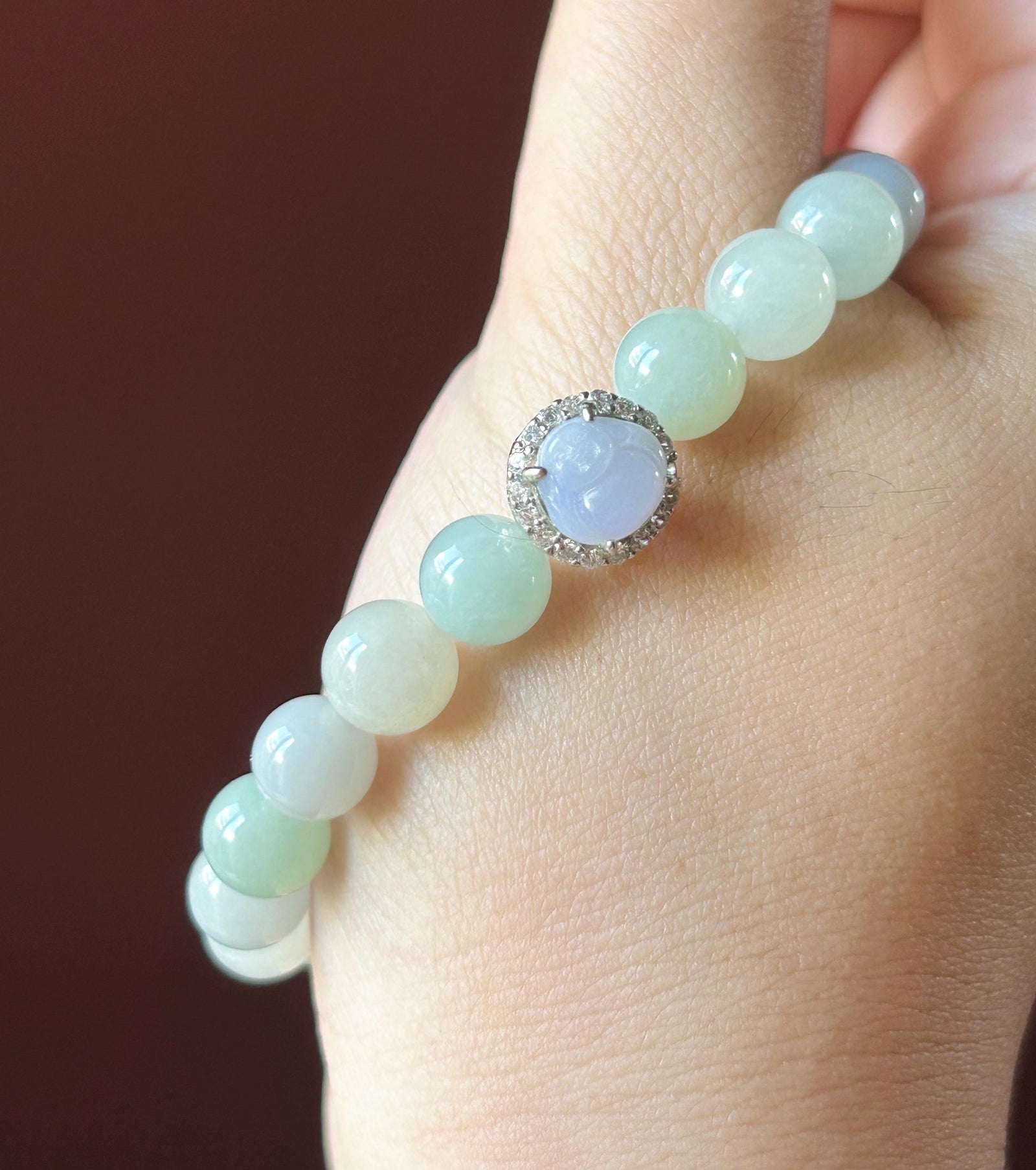 Natural Jadeite Beaded Bracelet – Burmese Type A Icy Translucent Pastel Lavender Purple & Light Green Jade, Laughing Buddha Focal, 8.5mm