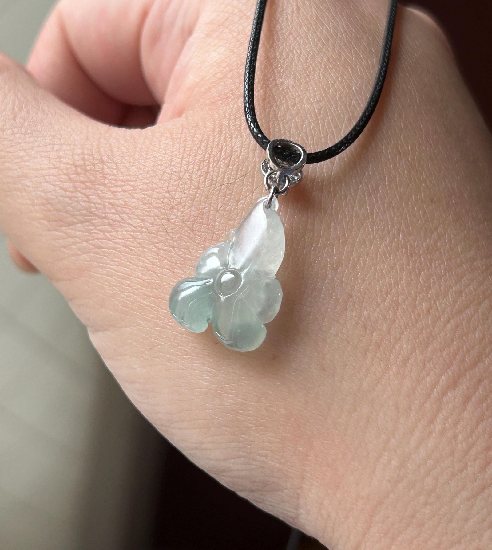 Natural Jade Lotus Pendant | Burmese Type A Highly Translucent Icy Light Blue/ Green Jadeite, 925 Sterling Silver