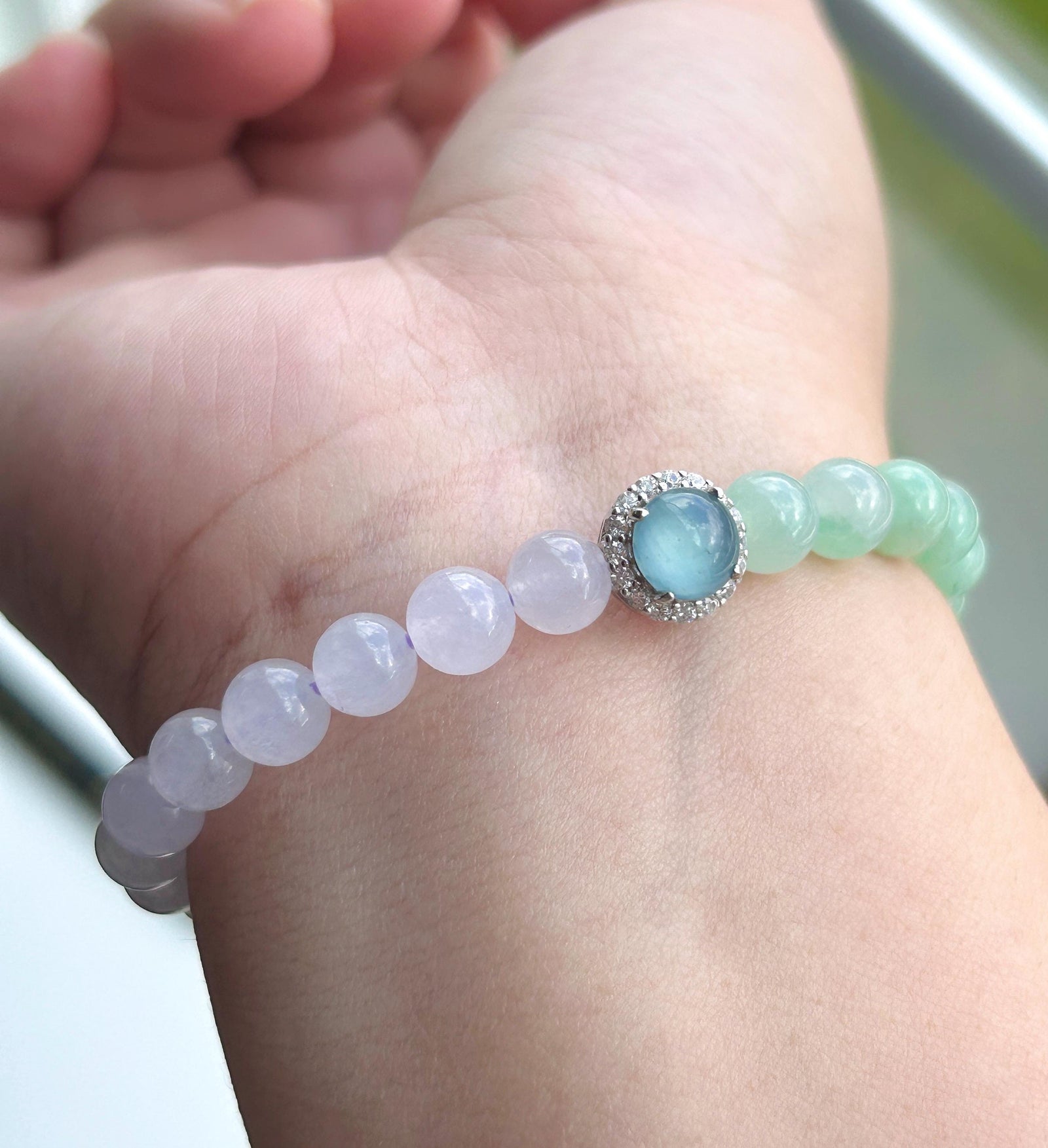 Natural Jadeite Beaded Bracelet Natural Burmese Type A Icy Highly Translucent Lavender Purple & Green Jade 7mm