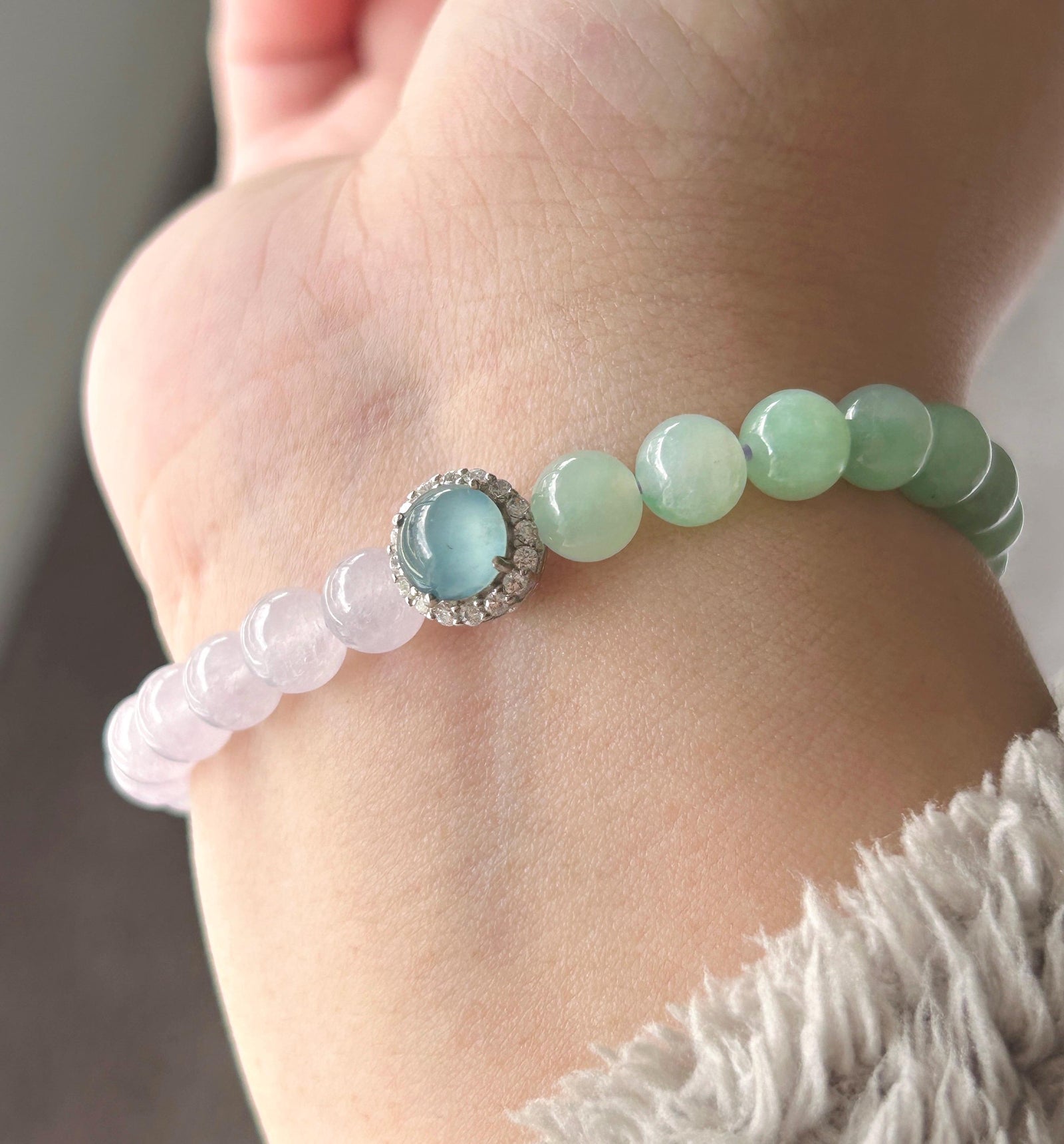 Natural Jadeite Beaded Bracelet Natural Burmese Type A Icy Highly Translucent Lavender Purple & Green Jade 7mm