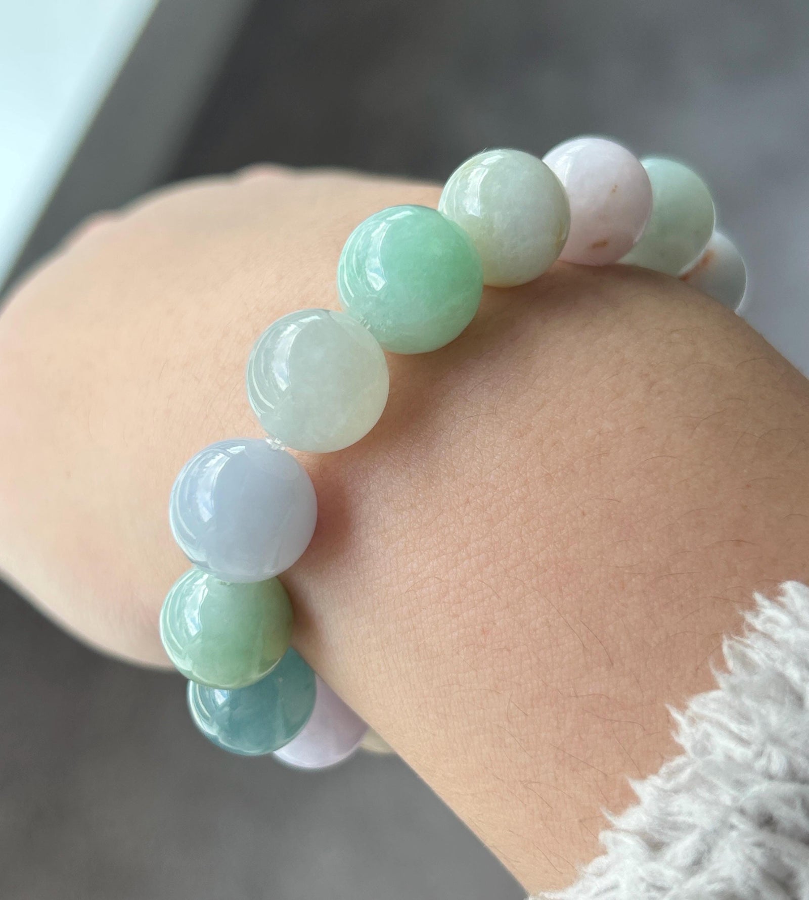 Natural Jadeite Large Beaded Bracelet | Burmese Type A Icy Gelatinous Macaron Multicolor Jade 12.5mm