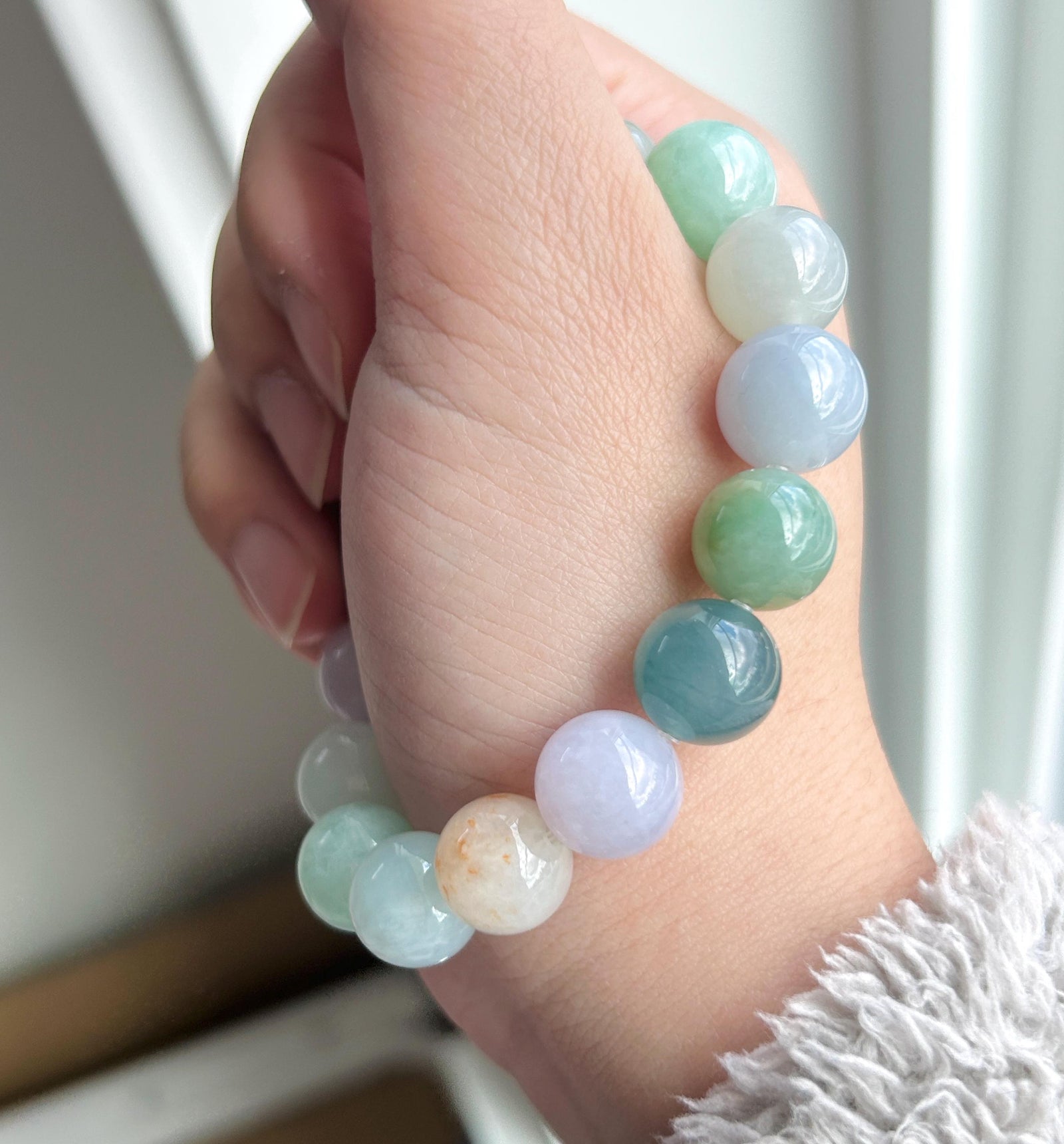 Natural Jadeite Large Beaded Bracelet | Burmese Type A Icy Gelatinous Macaron Multicolor Jade 12.5mm