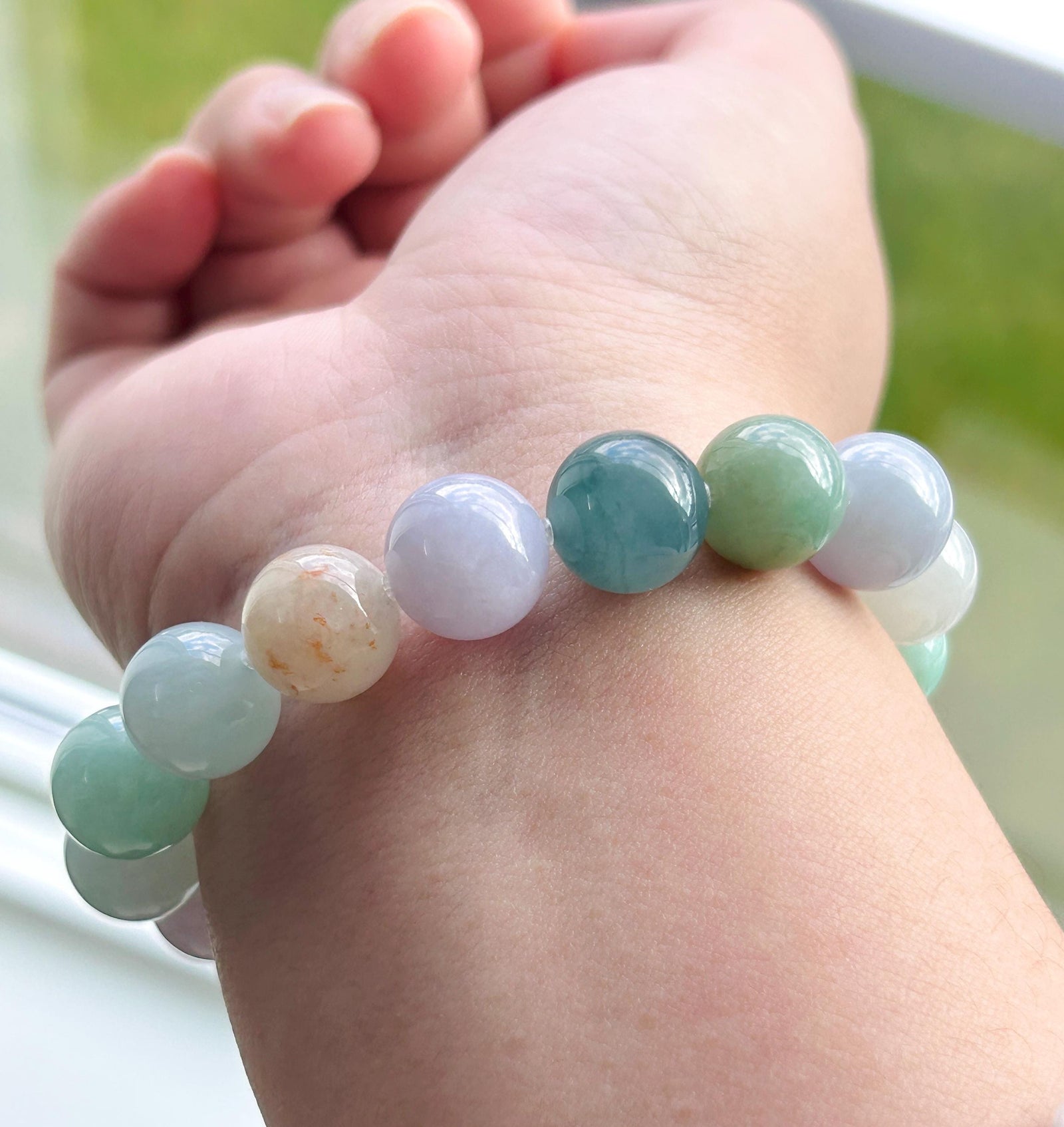 Natural Jadeite Large Beaded Bracelet | Burmese Type A Icy Gelatinous Macaron Multicolor Jade 12.5mm