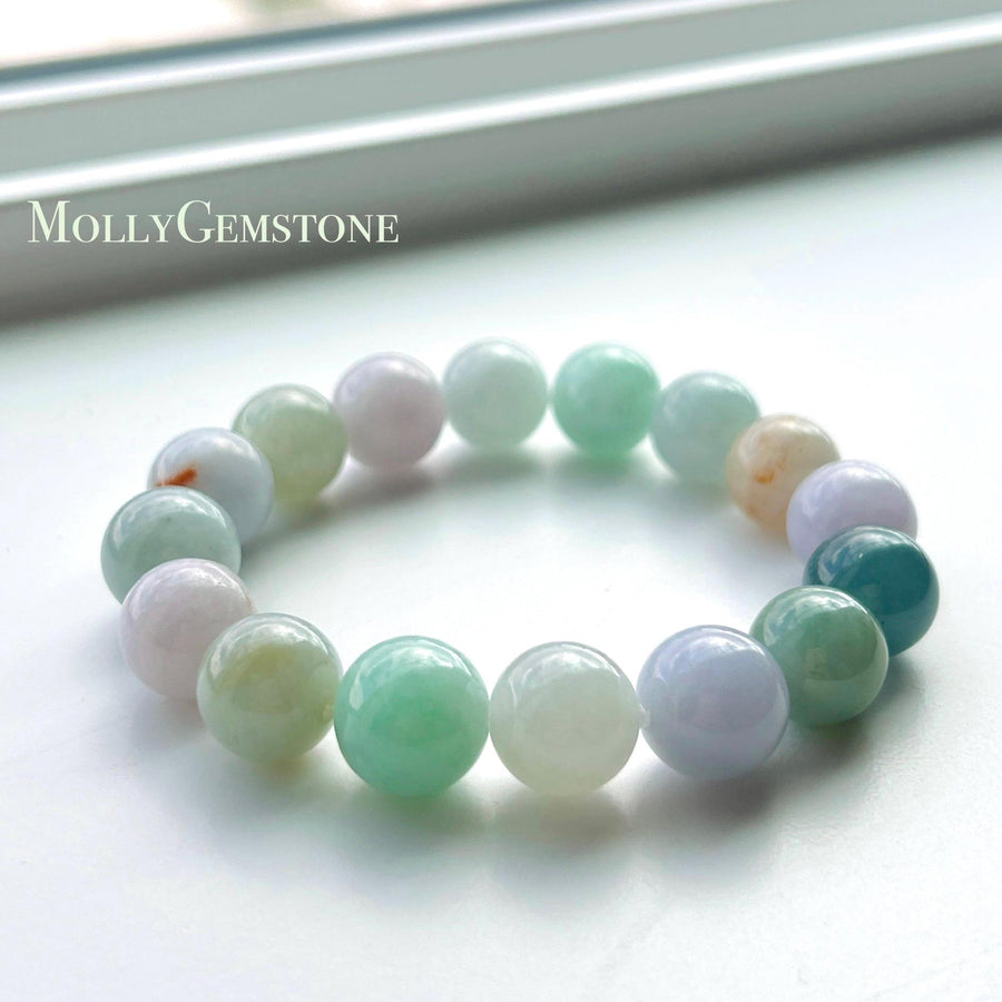 Natural Jadeite Large Beaded Bracelet | Burmese Type A Icy Gelatinous Macaron Multicolor Jade 12.5mm