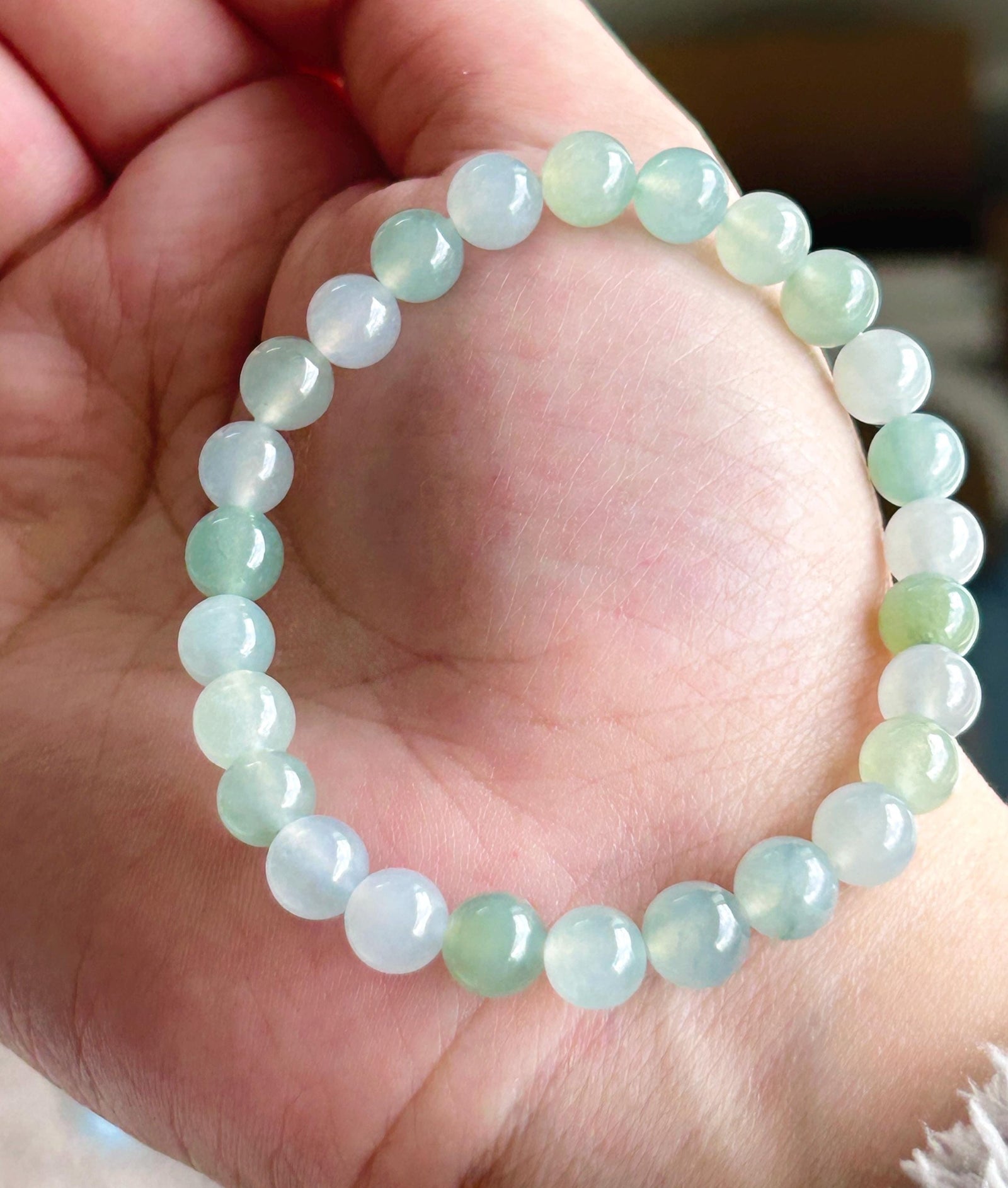 Natural Jadeite Beaded Bracelet | Burmese Type A Highly Translucent Icy Gelatinous Green & Lavender Multicolor Jade 7mm