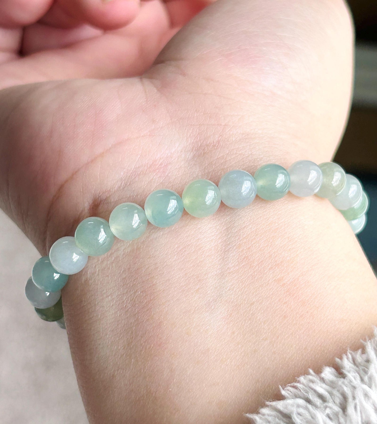 Natural Jadeite Beaded Bracelet | Burmese Type A Highly Translucent Icy Gelatinous Green & Lavender Multicolor Jade 7mm