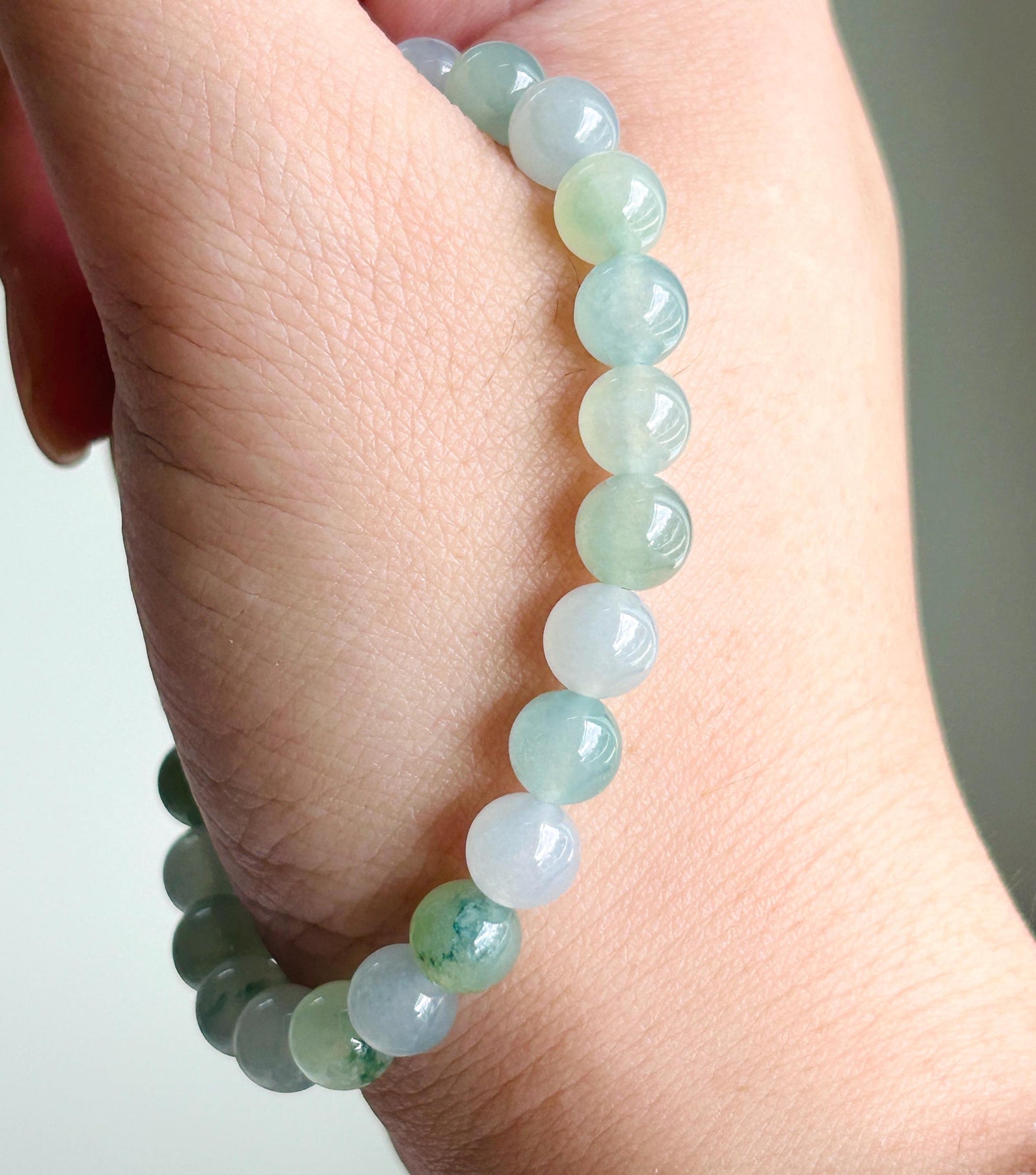 Natural Jadeite Beaded Bracelet | Burmese Type A Highly Translucent Icy Gelatinous Green & Lavender Multicolor Jade 7mm