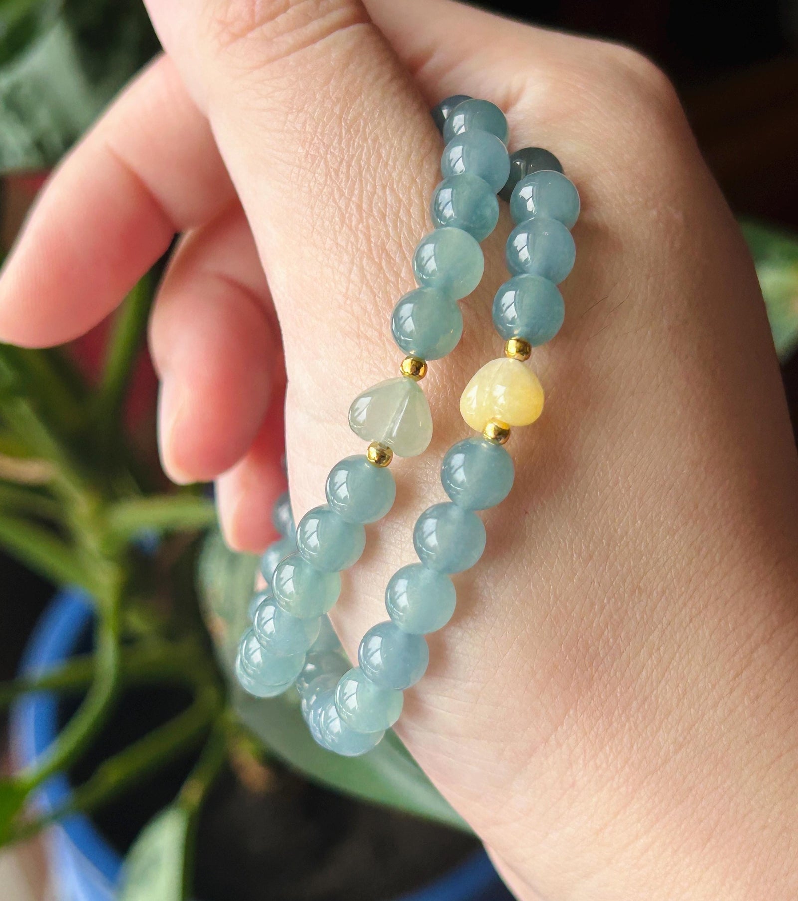 Natural Jadeite Beaded Bracelet | Guatemalan Type A Highly Translucency Icy Blue Jade with Heart Shaped Focal 6.7mm