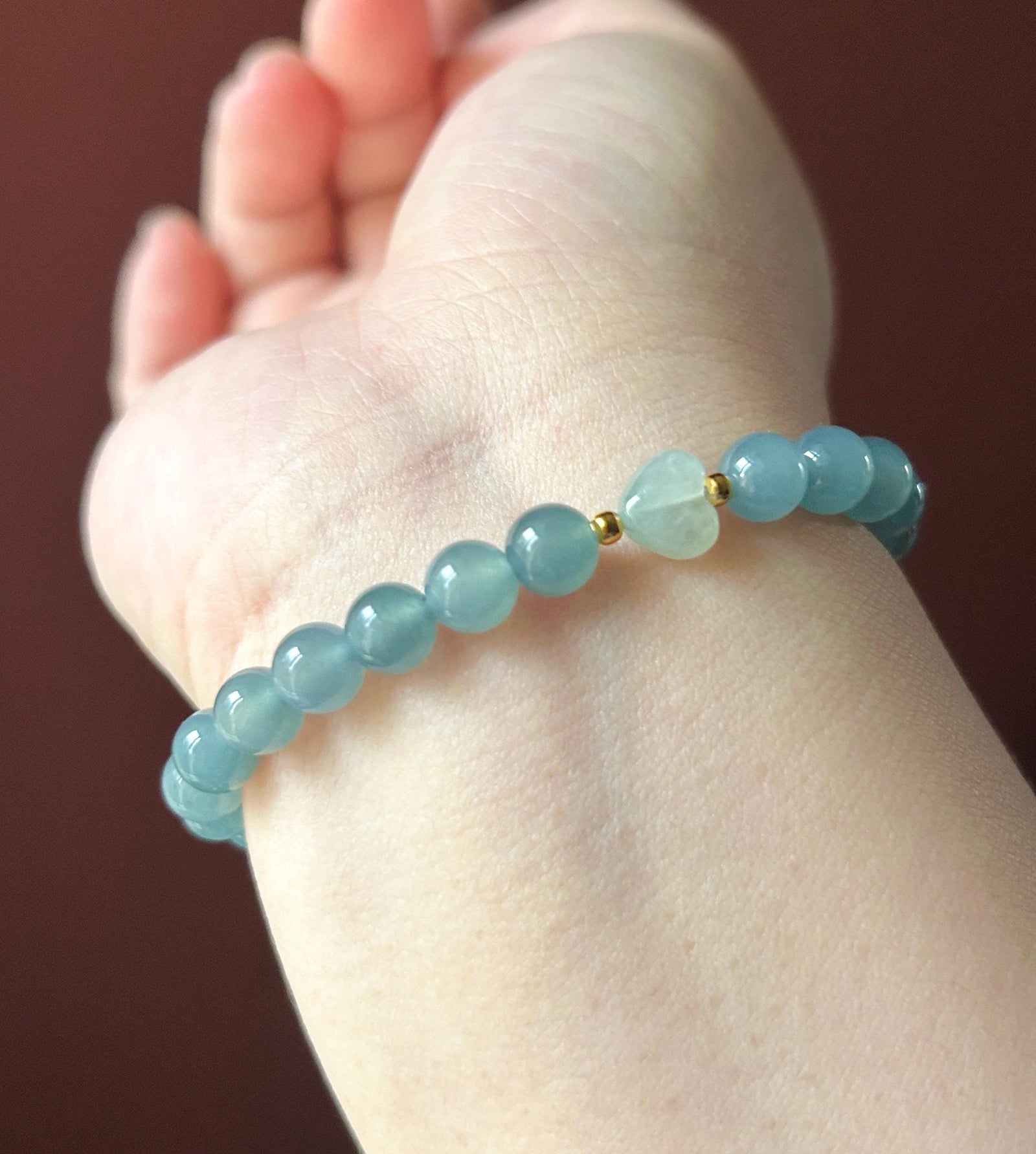 Natural Jadeite Beaded Bracelet | Guatemalan Type A Highly Translucency Icy Blue Jade with Heart Shaped Focal 6.7mm