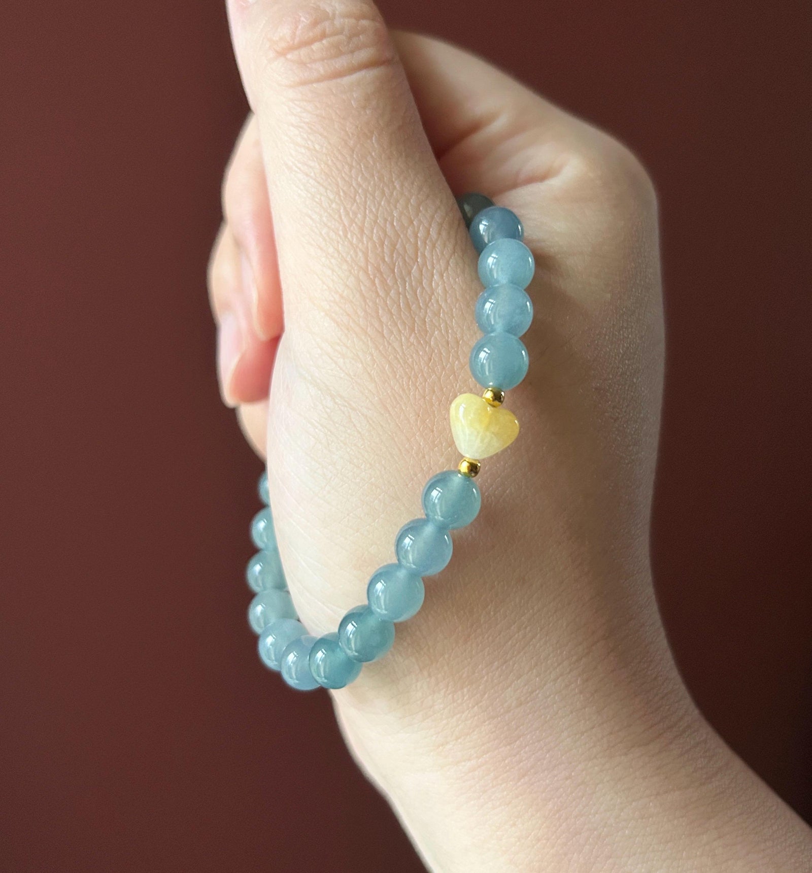 Natural Jadeite Beaded Bracelet | Guatemalan Type A Highly Translucency Icy Blue Jade with Heart Shaped Focal 6.7mm