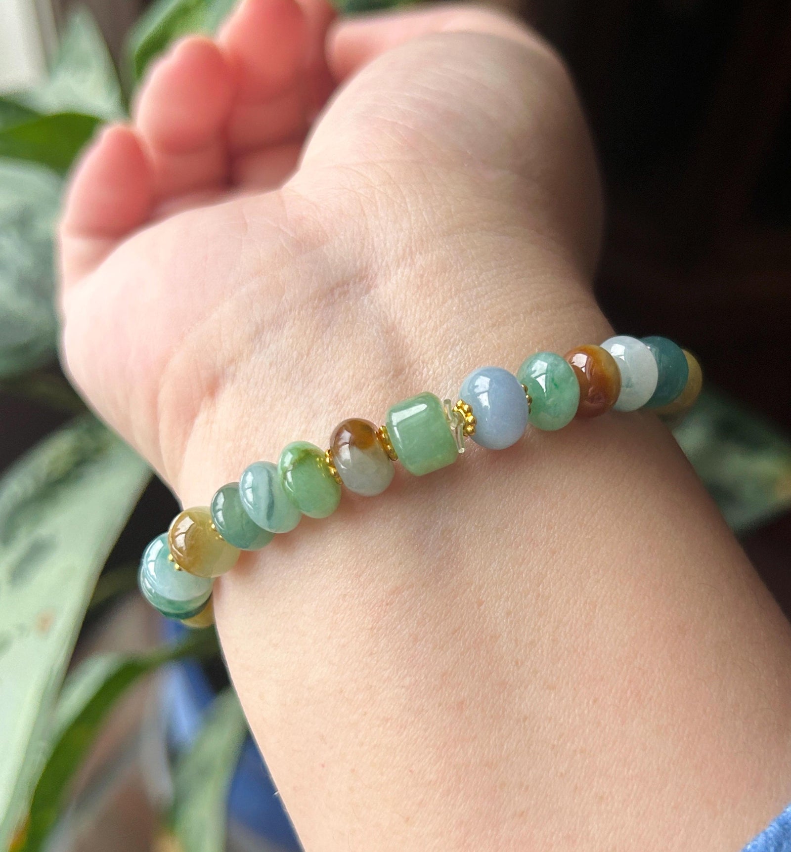 Natural Jadeite Beaded Bracelet Burmese Type A Translucent Icy Earthy Multicolor Floral Jade 8.5mm