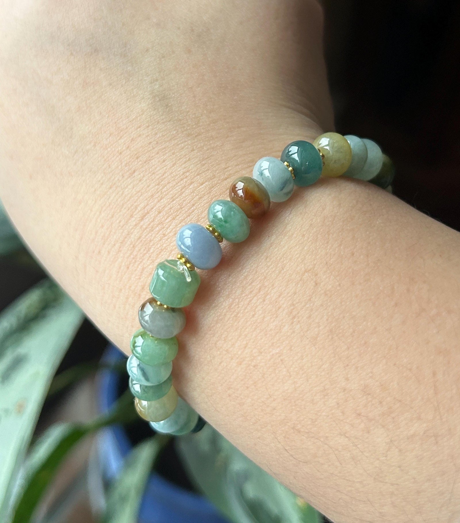Natural Jadeite Beaded Bracelet Burmese Type A Translucent Icy Earthy Multicolor Floral Jade 8.5mm
