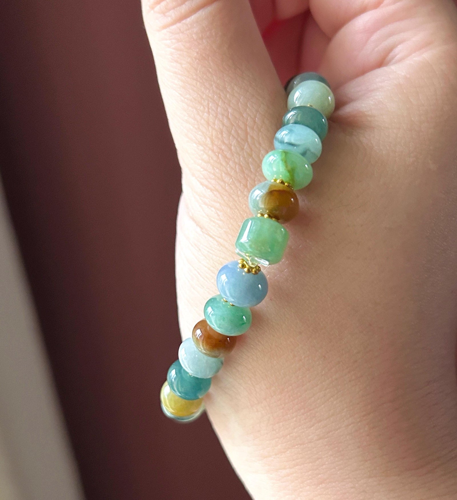 Natural Jadeite Beaded Bracelet Burmese Type A Translucent Icy Earthy Multicolor Floral Jade 8.5mm
