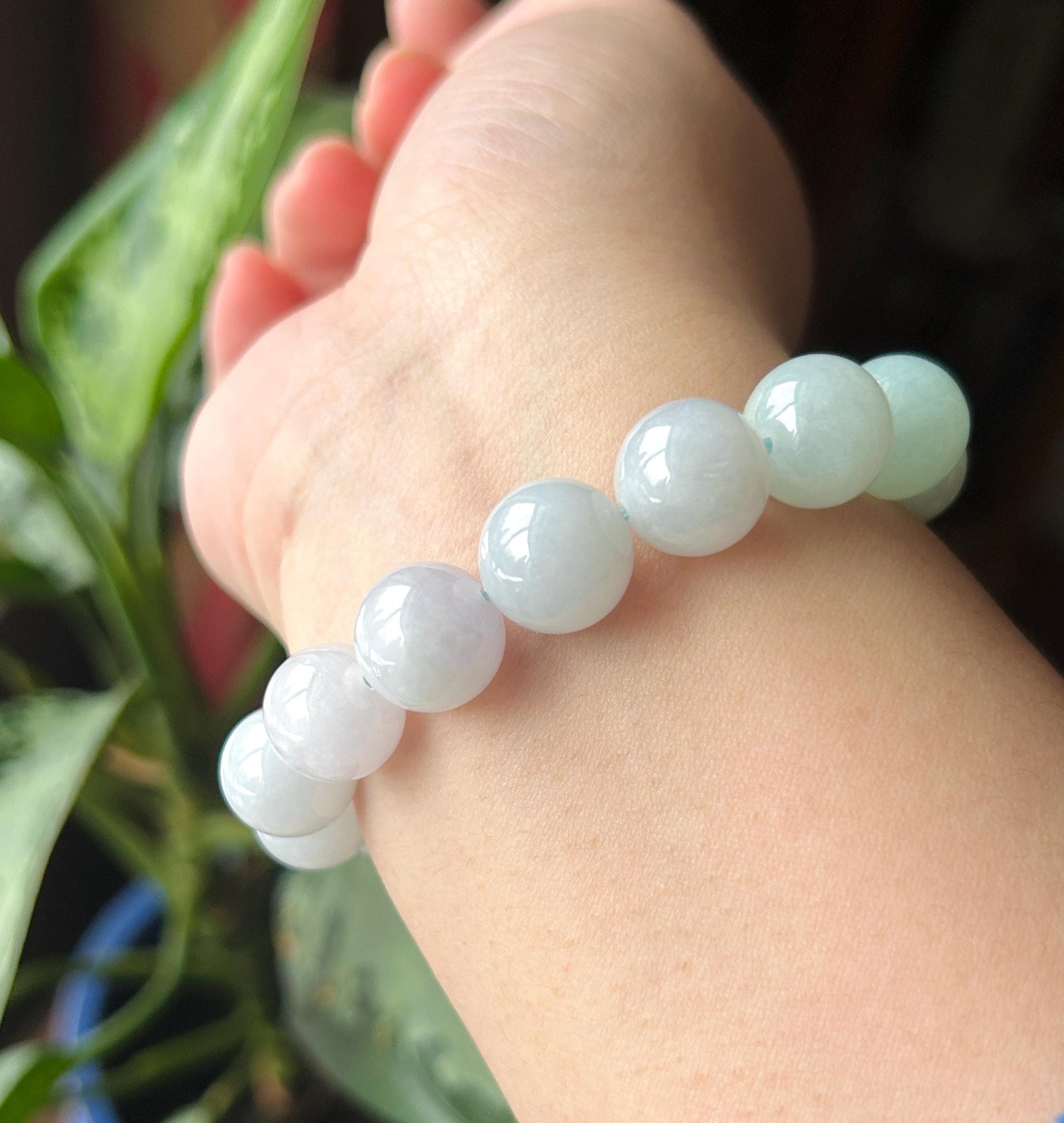 Natural Jadeite Beaded Bracelet Burmese Type A Untreated Icy Translucent Pastel Lavender & Green Gradient Jade 13mm BIG Beads