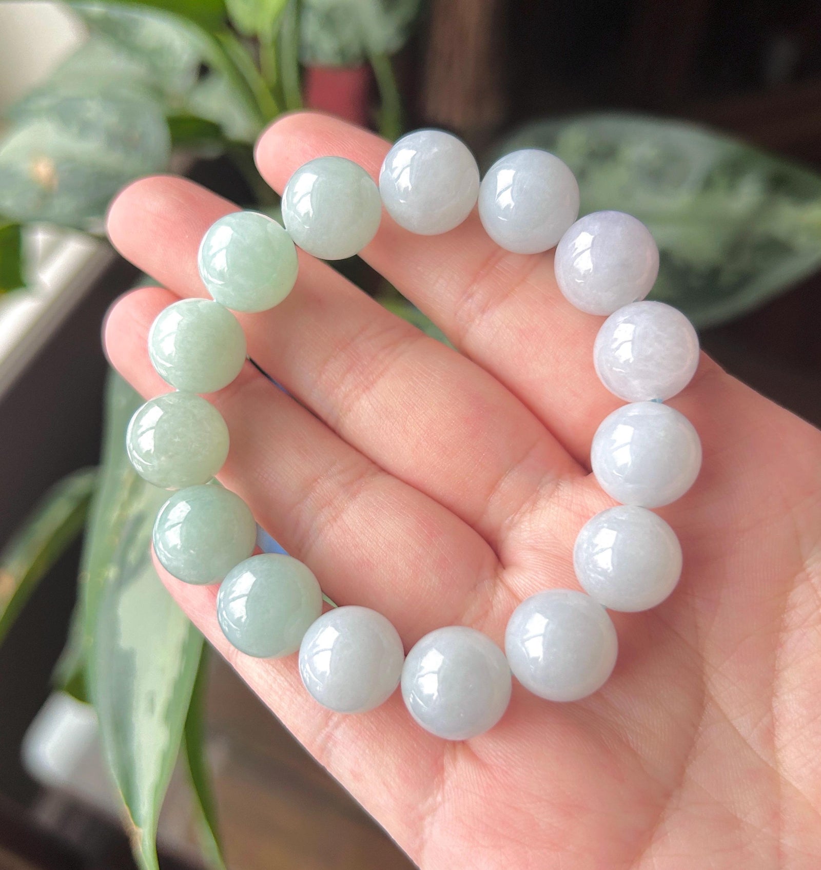 Natural Jadeite Beaded Bracelet Burmese Type A Untreated Icy Translucent Pastel Lavender & Green Gradient Jade 13mm BIG Beads