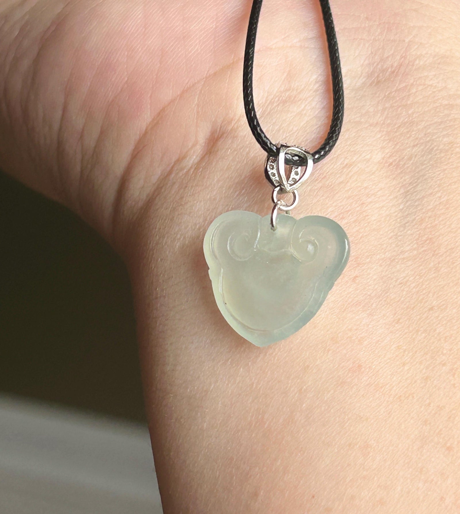 Natural Jade RuYi Lock Pendant | Burmese Type A Highly Translucent Icy Light Blue/ Pale Green Jadeite, 925 Sterling Silver