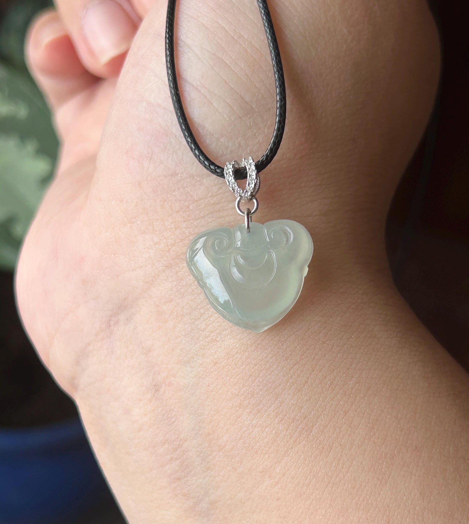 Natural Jade RuYi Lock Pendant | Burmese Type A Highly Translucent Icy Light Blue/ Pale Green Jadeite, 925 Sterling Silver